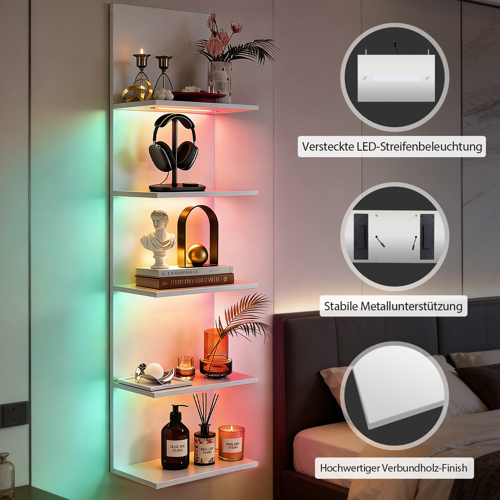 XIIW Hängevitrine Wandregal mit RGB+IC Schweberegal Dekoregral Wandboard Hängeregal (5 Ebenen Eckregal mit RGB+IC-Licht, App, Fernbedienung, 30×18×117 cm) Regal – Bild 5 von 5
