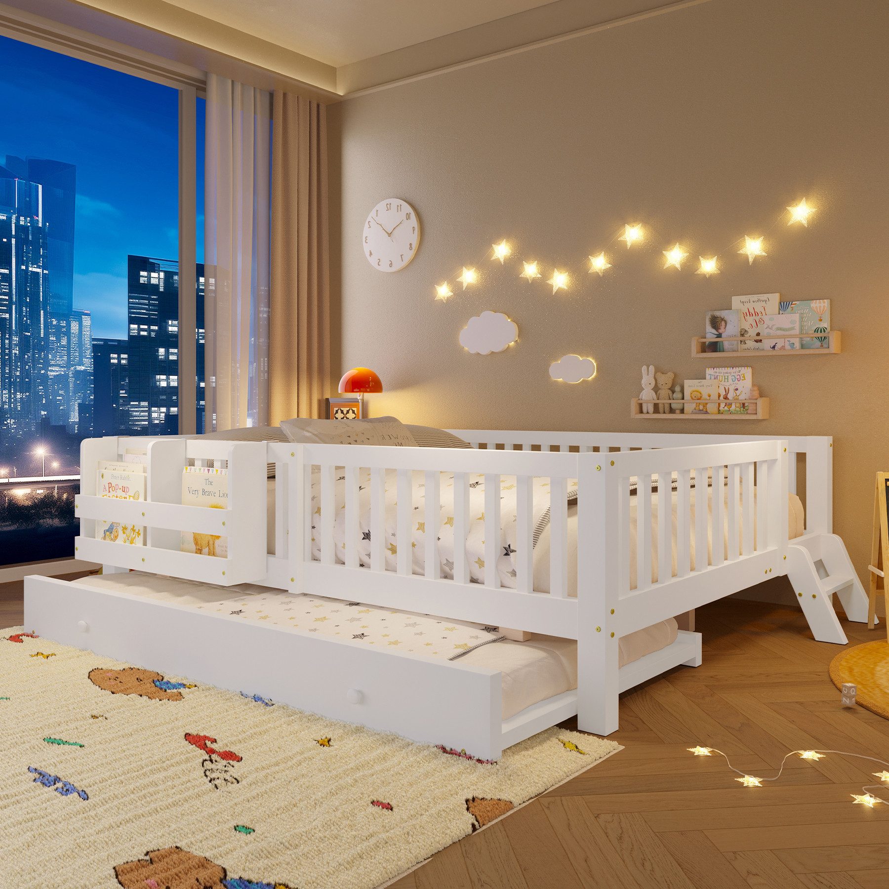 Flieks Massivholzbett, Kinderbett 140x200cm mit Ausziehbett 90x190cm, Ablagefächer, Geländer