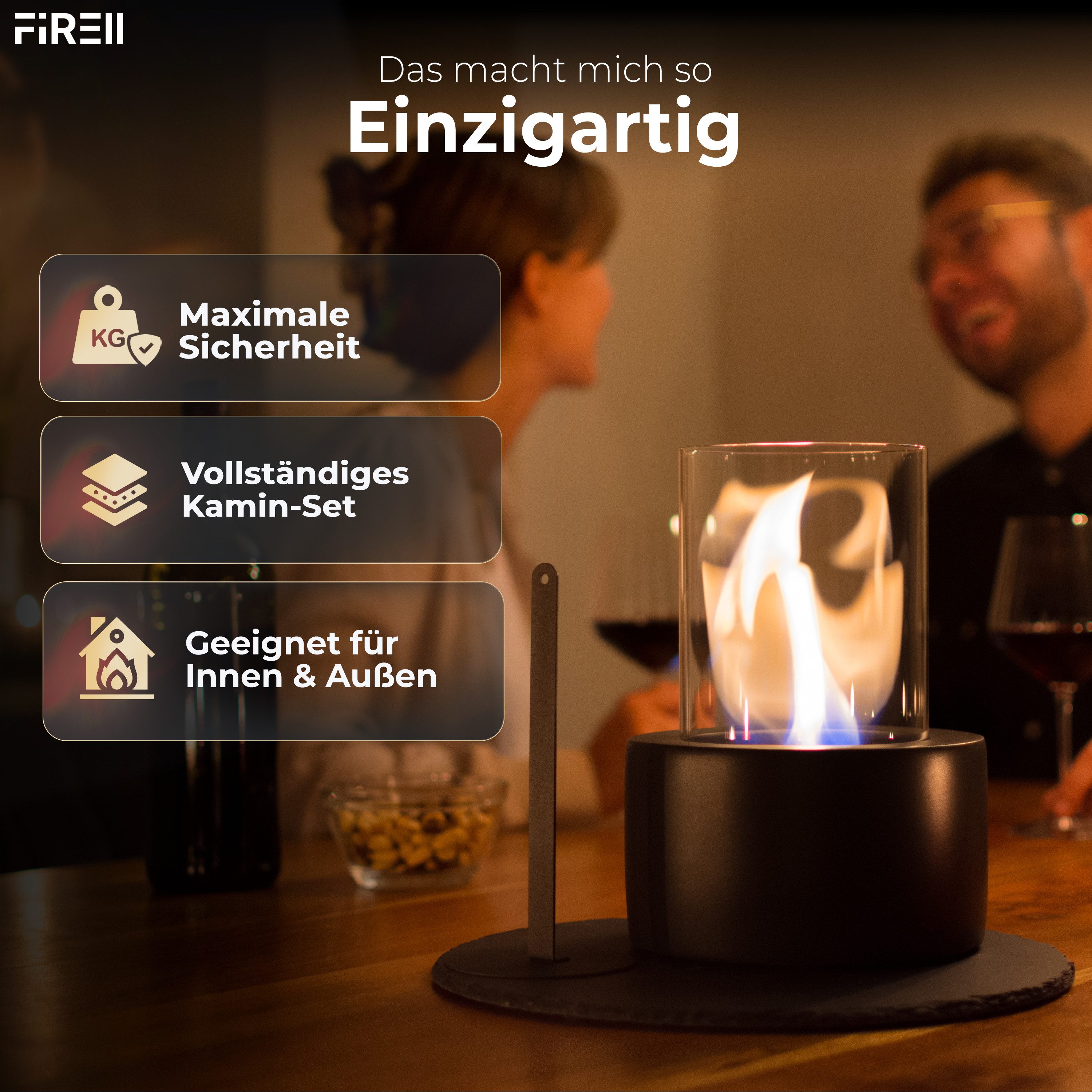 FIRELL Tischfeuer Ethanol Tischkamin Indoor & Outdoor Echtfeuer-Dekokamin (aus massivem Beton, Komplett-Set), Verstellbare Flamme, 3,2 kg Beton, 3h Brenndauer – Bild 3 von 5