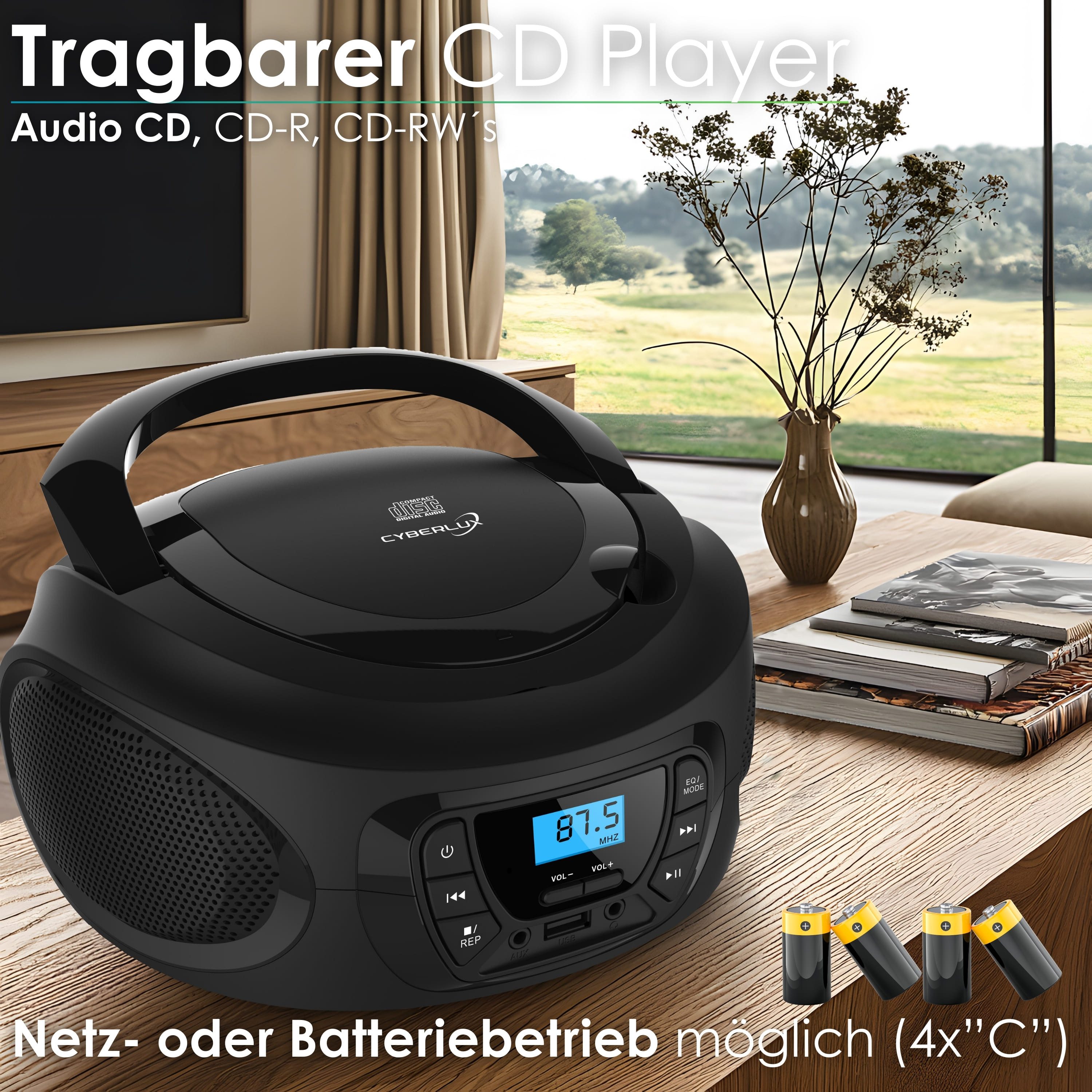 Cyberlux CL-600 tragbarer CD-Player (CD, Kinder CD Player tragbar, Boombox, Musikbox, FM Radio mit MP3 USB)