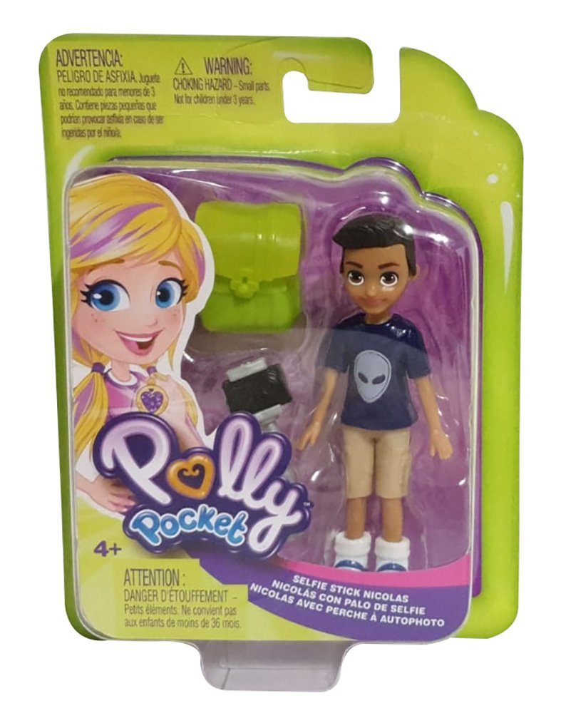 Polly Pocket Spielfigur Mattel Polly Pocket Puppe Spielfigur mit Zubehör F, (Packung, 3-tlg., Die Packung enthält eine Spielfigur mit einem Rucksack und einem Selfie-Stick)