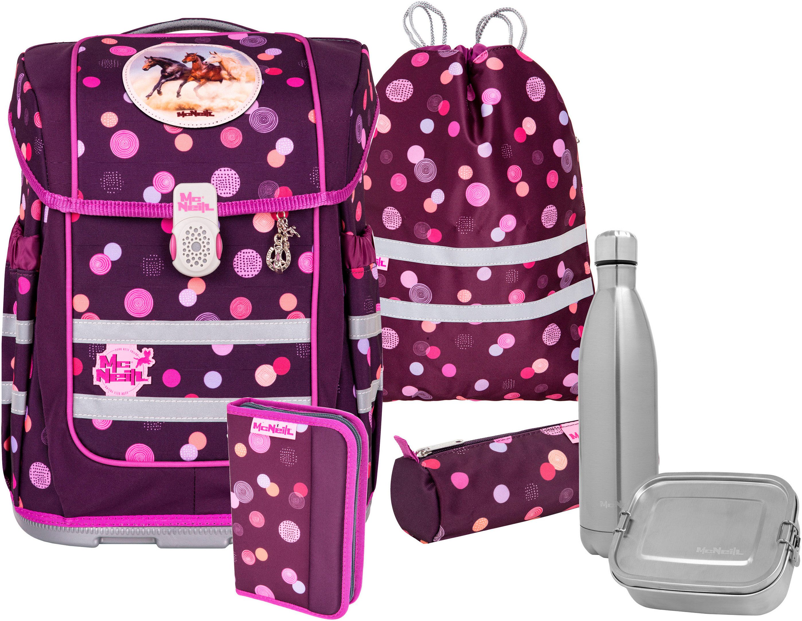 McNeill Schulranzen Ergo Compacto, Ruby (Set, 5-tlg), inkl. Federmäppchen, Turnbeutel, Schlamperrolle & Motivmagnet