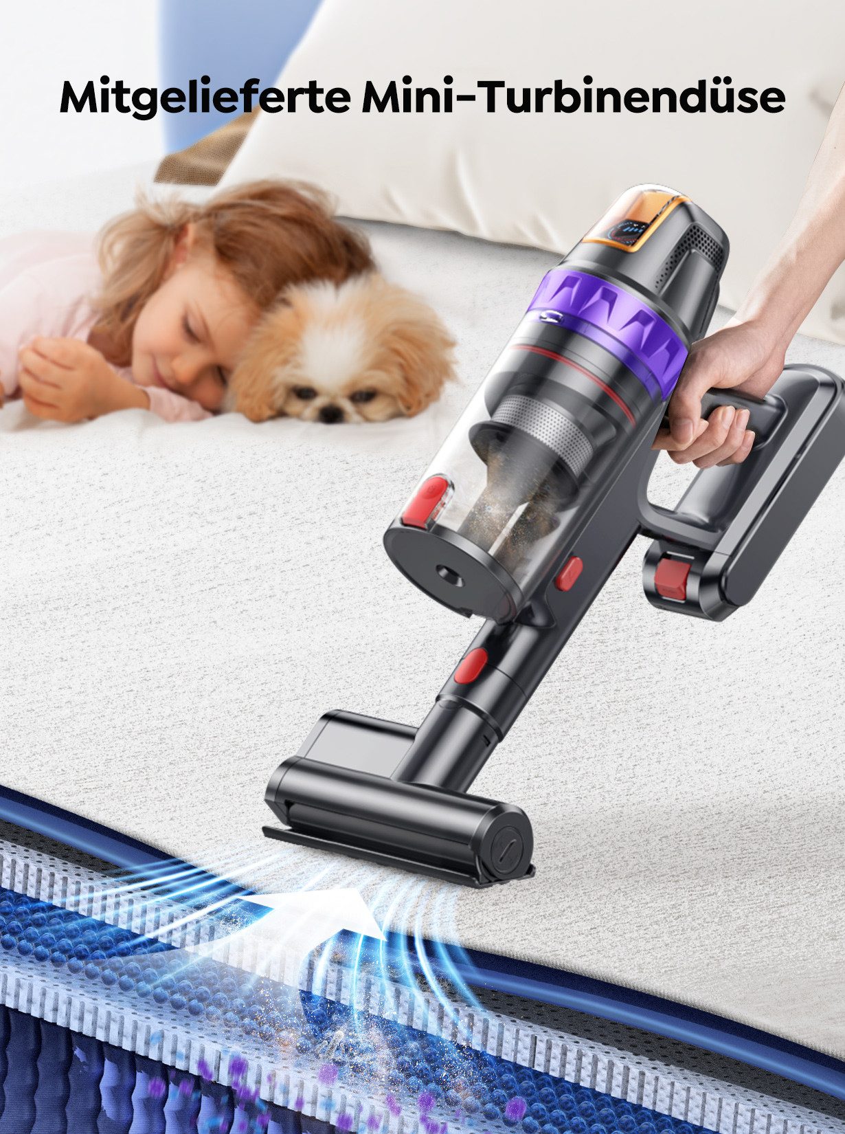 Buture Akku-Hand-und Stielstaubsauger 85000Pa Akkustaubsauger, 750 W Akku Staubsauger, Akkusauger Kabelloser, 85 kPa, 60 Minuten Laufzeit, Abnehmbarer Akku