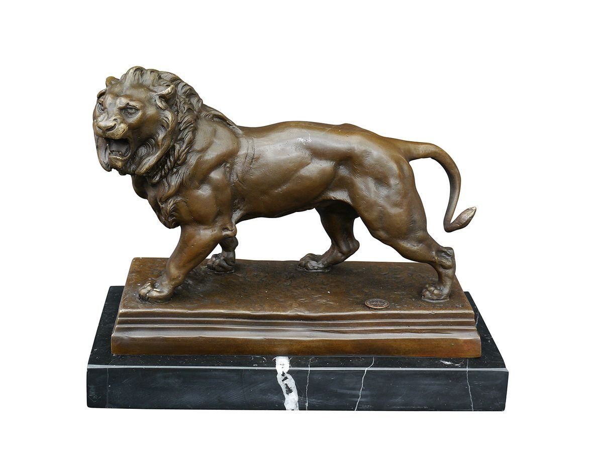 Tierfigur Bronze Figur Löwe auf edlem Marmorsockel ausdrucksstark (5640)