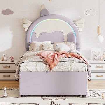 MODFU Kinderbett Einhornform, ausgestattet mit ausziehbares rollbett, kunstleder (90*200cm), ohne Matratze