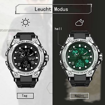 GelldG Uhr Sport Militär Armbanduhr Digital Analog Zwei Zeitzonen LED Kalender