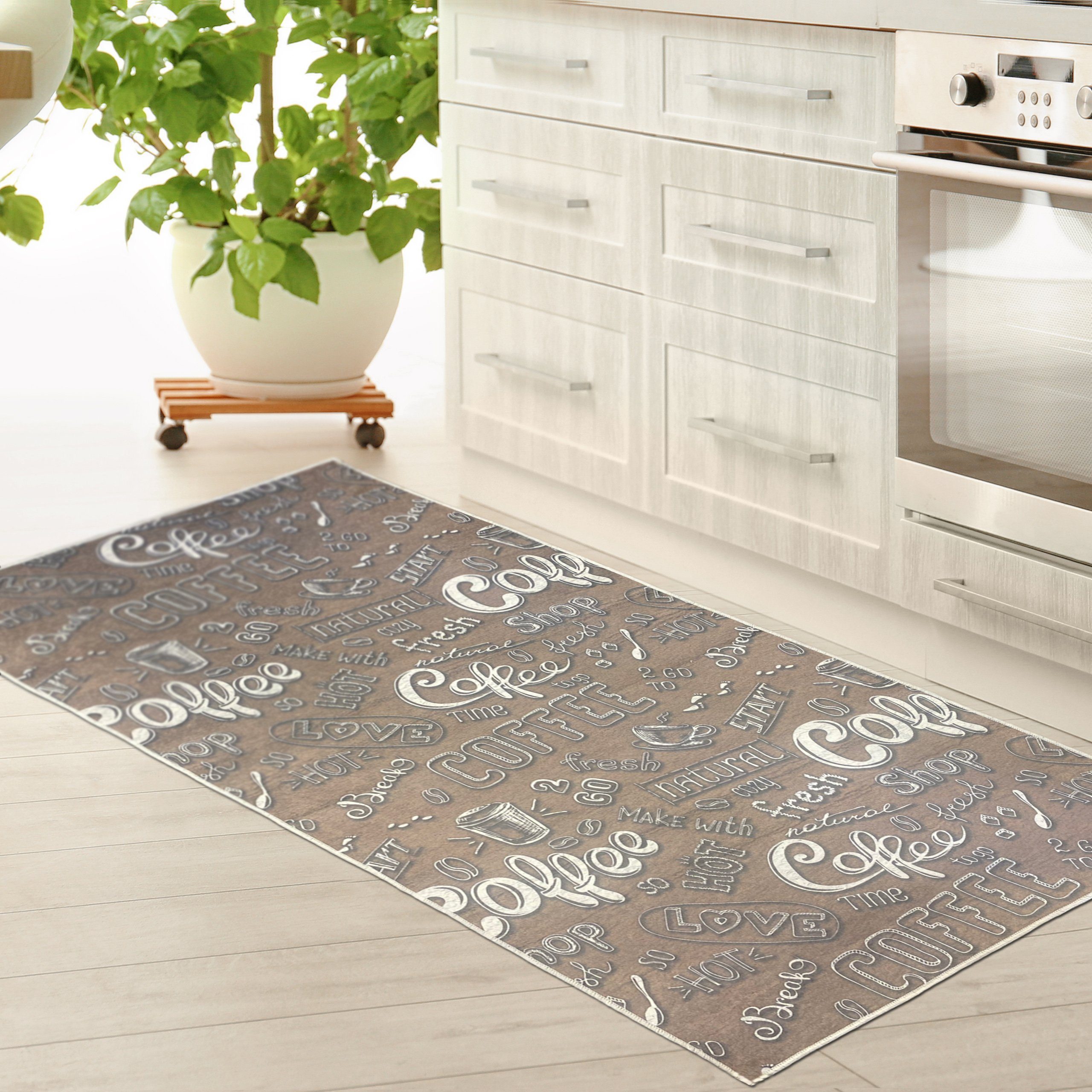 Teppich mit weiß, in Teppich Höhe: Teppich-Traum, mm 5 Küchenläufer waschbar beige Schriftzug rechteckig, „Coffee“