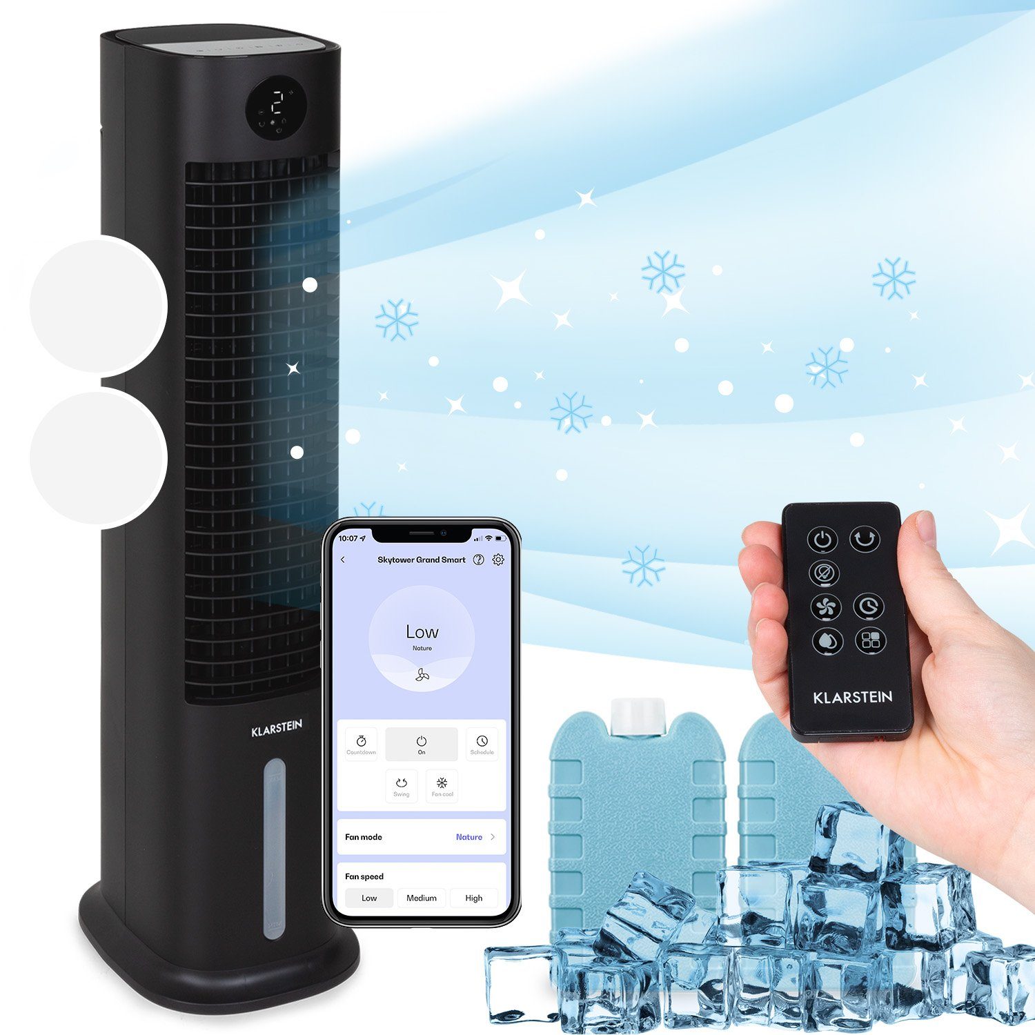 Klarstein Ventilatorkombigerät Skytower Grand Smart 8 L 480 m3/h Luftkühler Schwarz, mit Wasserkühlung & Eis mobil Klimagerät ohne Abluftschlauch
