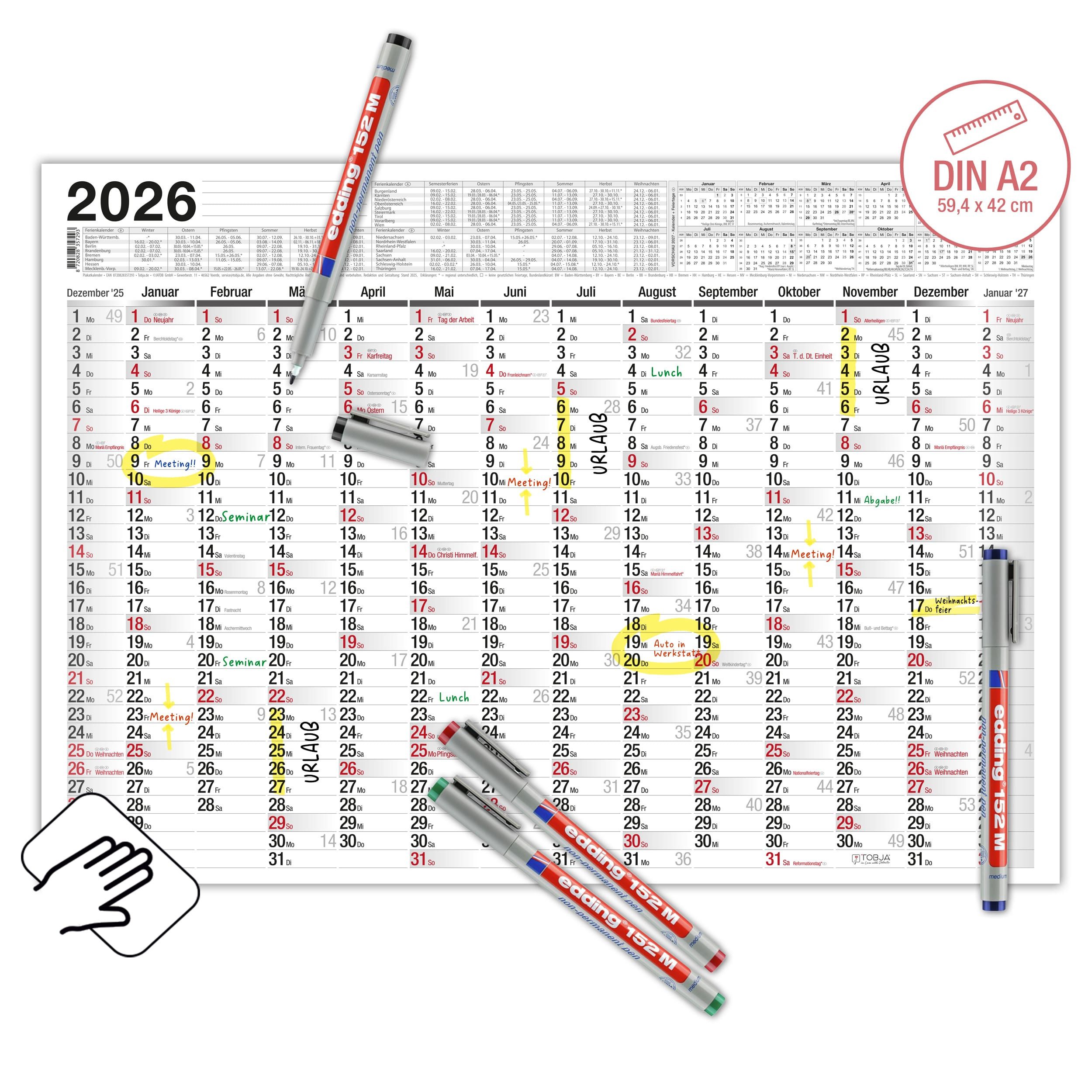 TOBJA Wandkalender Abwischbarer A2 Wandkalender 2026 inkl. 4 Stifte, Kalender 2026 Jahresplaner 14 Monate