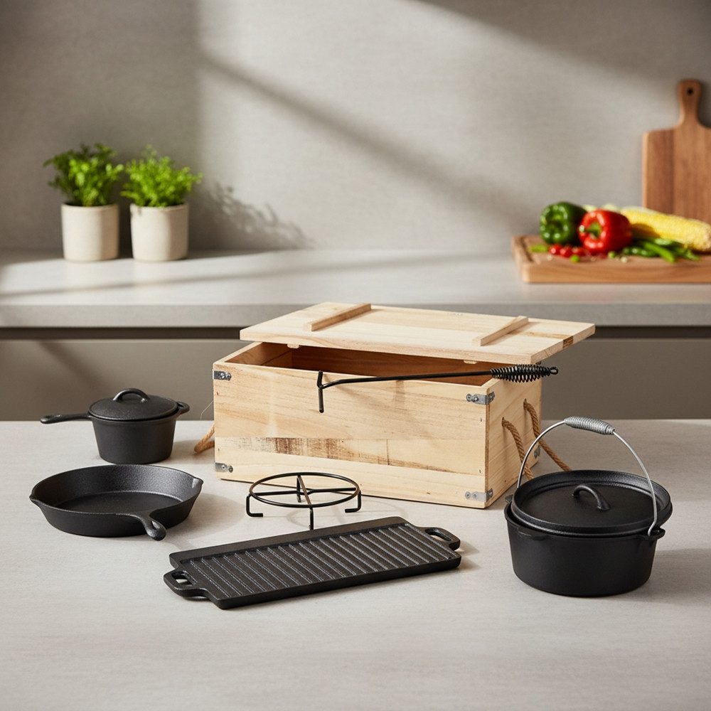 Melko Feuertopf Kochkessel Schmortopf Feuer Set 7 tlg. Outdoorküche Dutch Oven Suppen, Gusseisen (Stück, 7-tlg., Stück), Deckel mit erhöhtem Rand