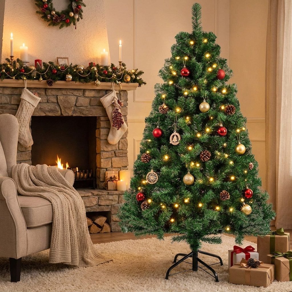 LEADZM Künstlicher Weihnachtsbaum PVC Weihnachtsbaum Künstlich Tannenbaum Christbaum mit Metallständer, 120cm mit 230 Spitzen, Grün – Bild 5 von 5