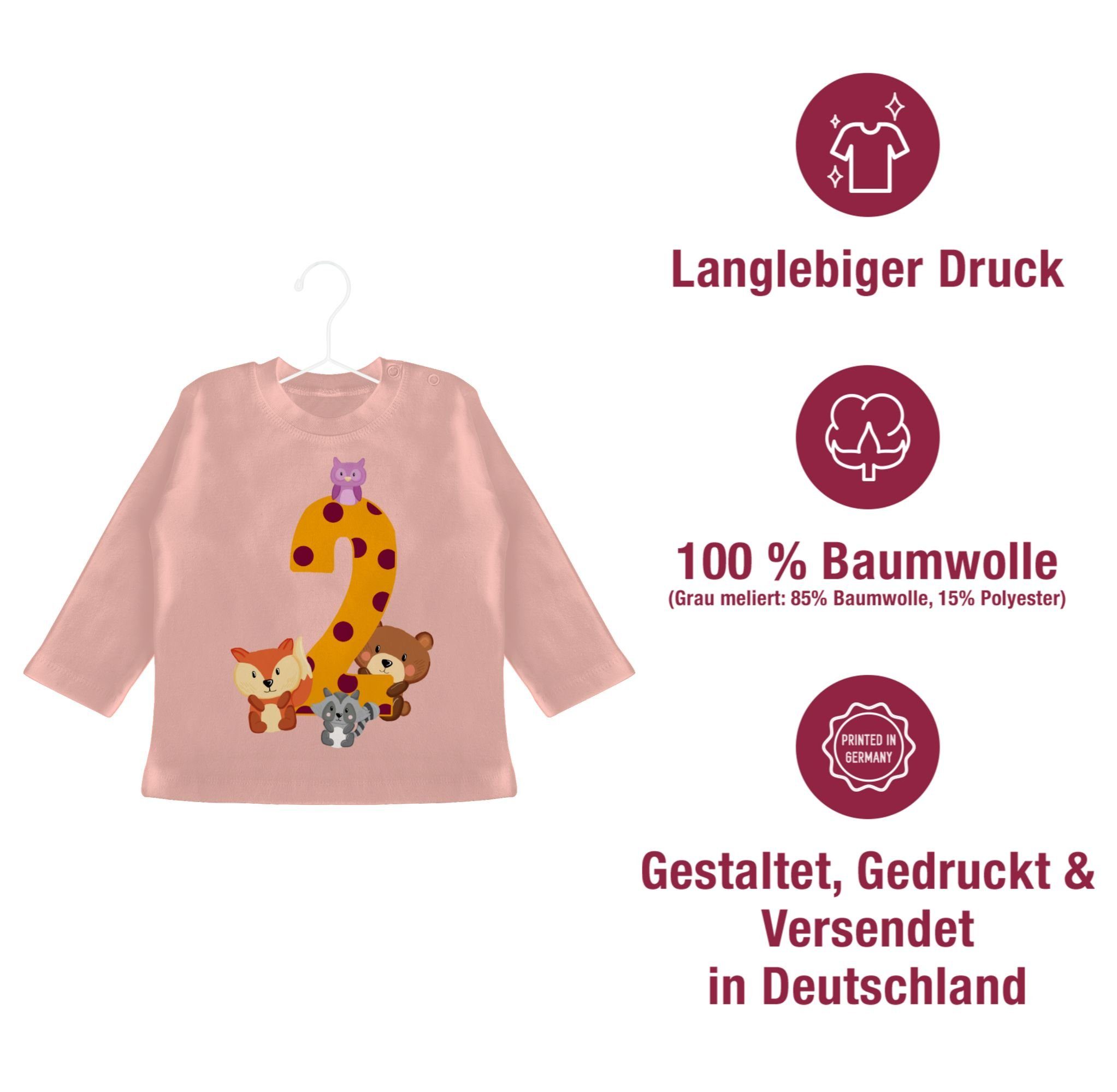 2. Shirtracer 2 Geburtstag T-Shirt Babyrosa Waldtiere Zwei