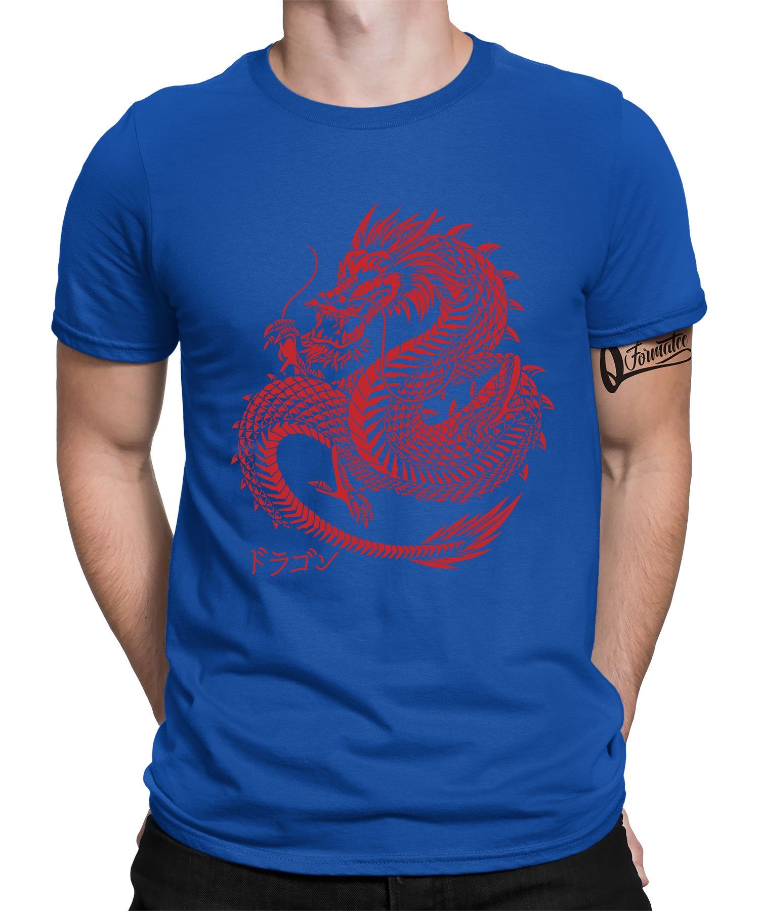 Quattro Formatee Kurzarmshirt Dragon Drache mit Japanischen Schriftzeichen Kanji - Japan Ästhetik (1-tlg) Blau