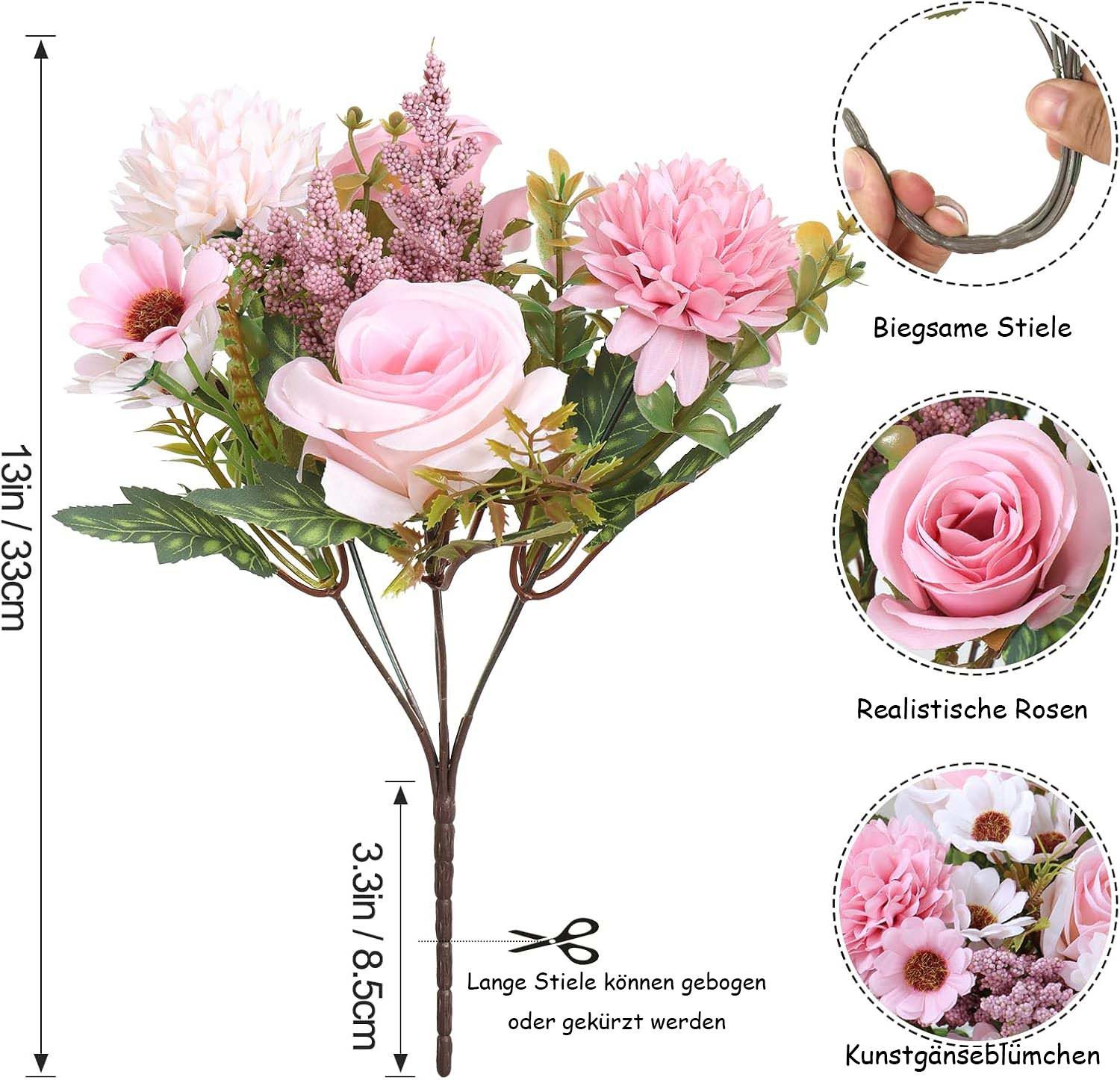 Kunstblumenstrauß Künstliche Blumen 2/4 Bündel künstliche Rosen Gänseblümchen, Agger, Perfekt für Hochzeit, Party oder Heimdekoration in Rosa