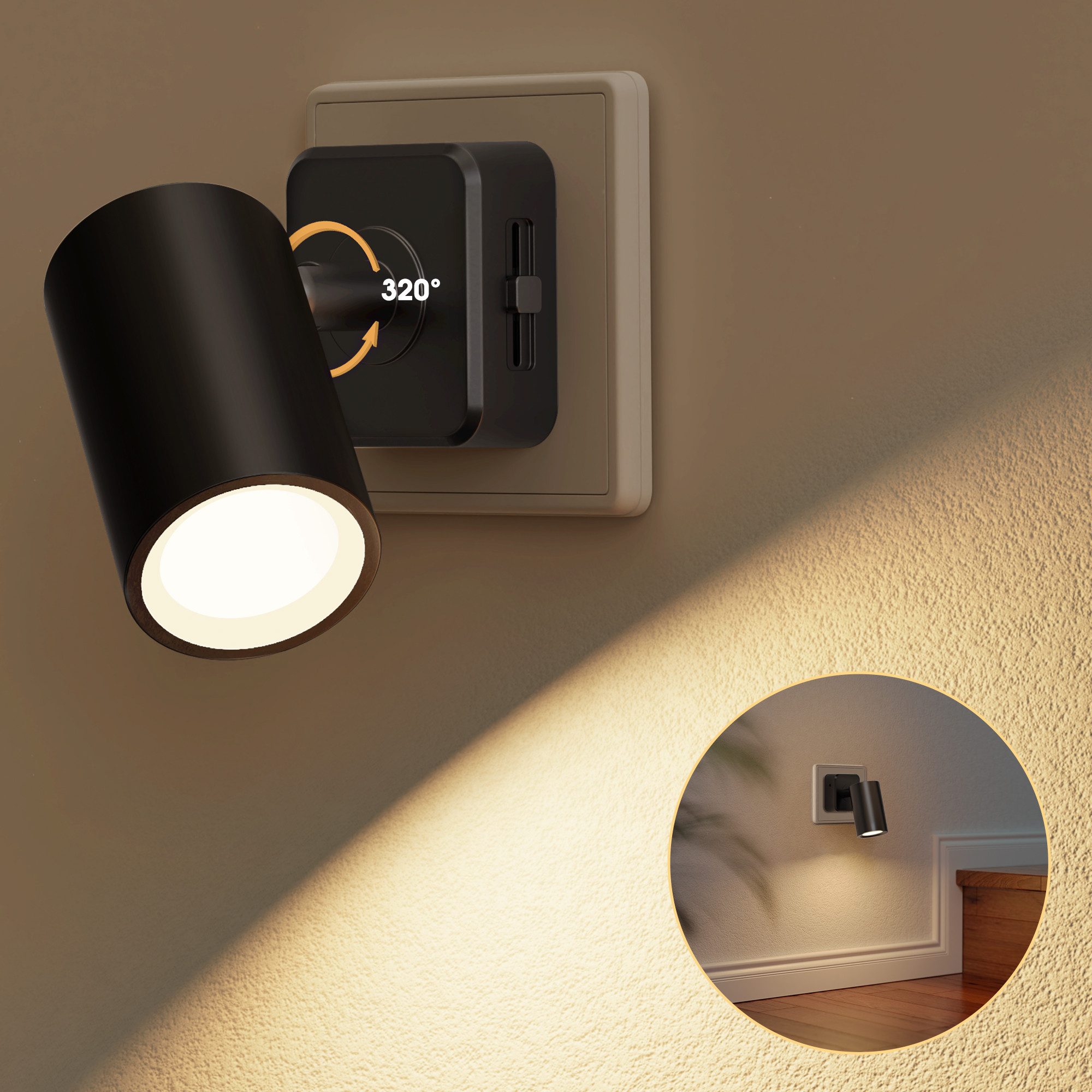 LOHAS-LED LED Nachtlicht Nachtlicht, Dimmbar, drehbarer Leuchtenkopf, Dämmerungssensor, LED fest integriert, 320° drehbarer Zylinderspot für gezielt gerichtetes Licht