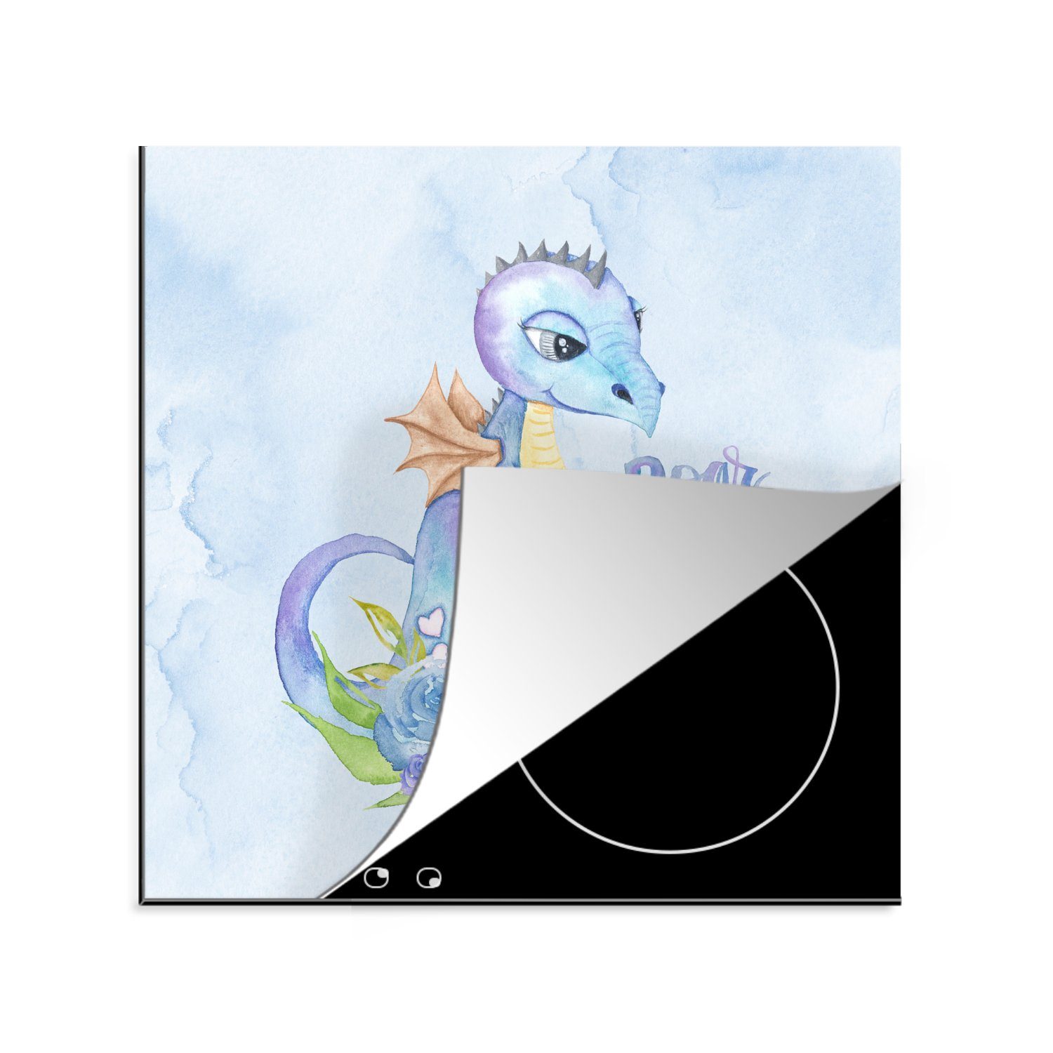 MuchoWow Herdblende-/Abdeckplatte Dinosaurier - Blau - Kinderzimmer - Jungen - Mädchen - Kinder, Vinyl, (1 tlg), 78x78 cm, Ceranfeldabdeckung, Arbeitsplatte für küche