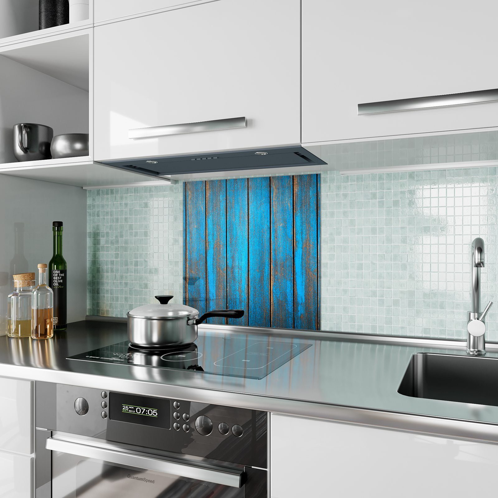 Spritzschutz Holzstruktur Glas Blaue Küchenrückwand Primedeco