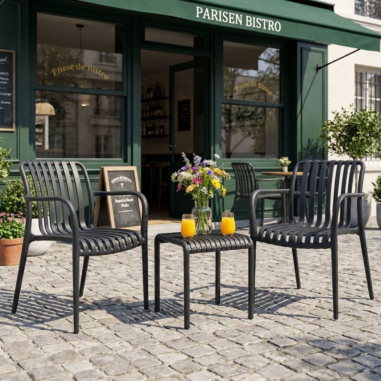 Progarden Bistrostuhl Bistro-Set Kunststoff 3-tlg., 2x Gartenstuhl & Beistelltisch, Schwarz (3 St), Wetterfestes 3-teiliges Garten-Bistro-Set aus robustem Kunststoff