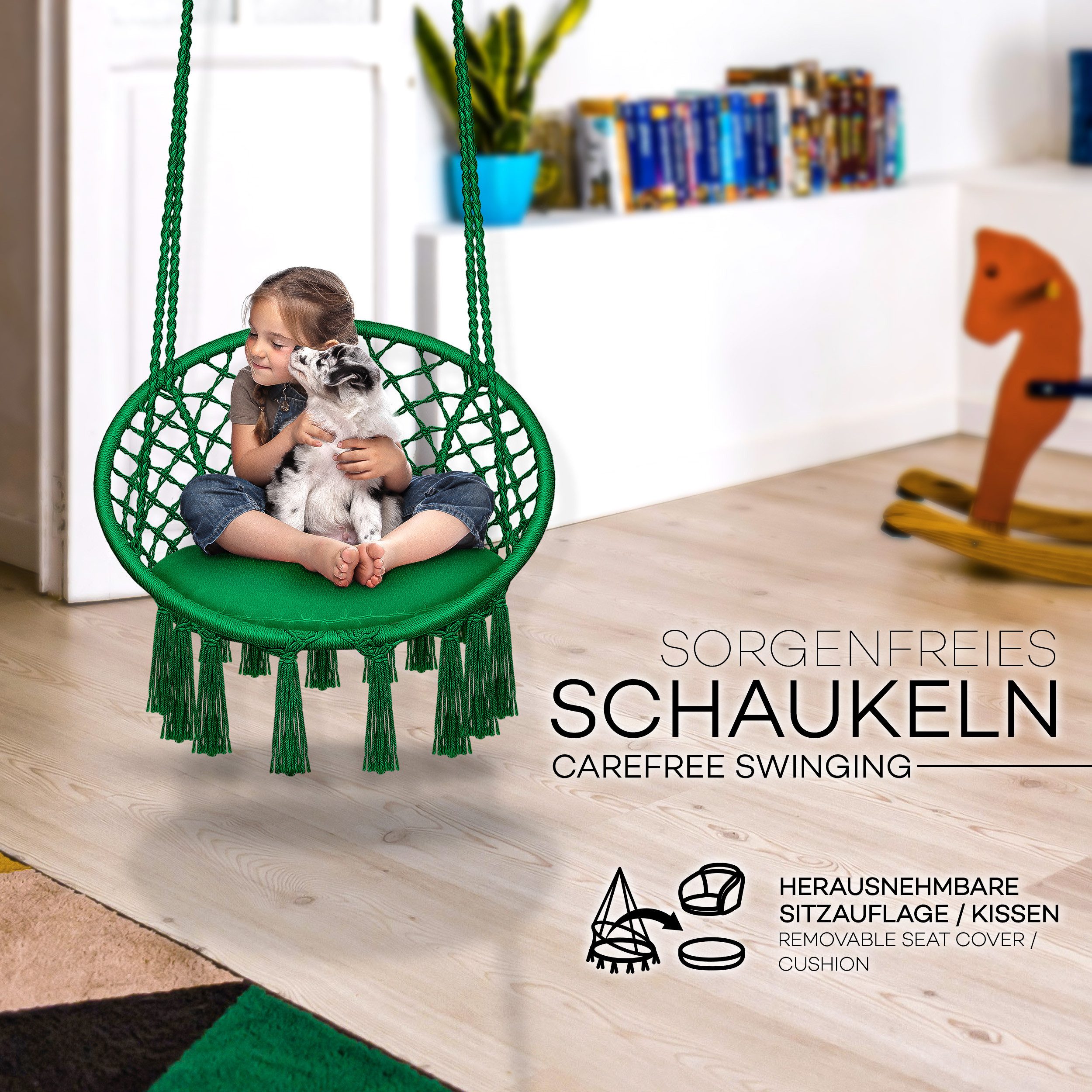tillvex Hängesessel tillvex® Hängesessel Hängestuhl Hängeschaukel Hängekorb Hängesitz (Set, Hängesessel, Kissen, 4 Seile mit 2 Stahlringen), Kissen – Bild 4 von 5