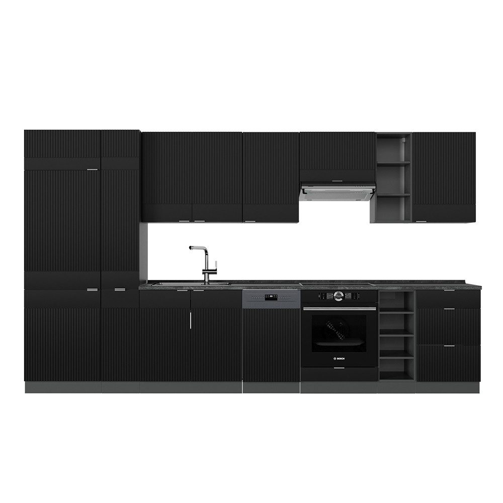 Vicco Küchenzeile Fame-Line, Schwarz gestreift/Anthrazit/Anthrazit, 355 cm, AP Anthr...