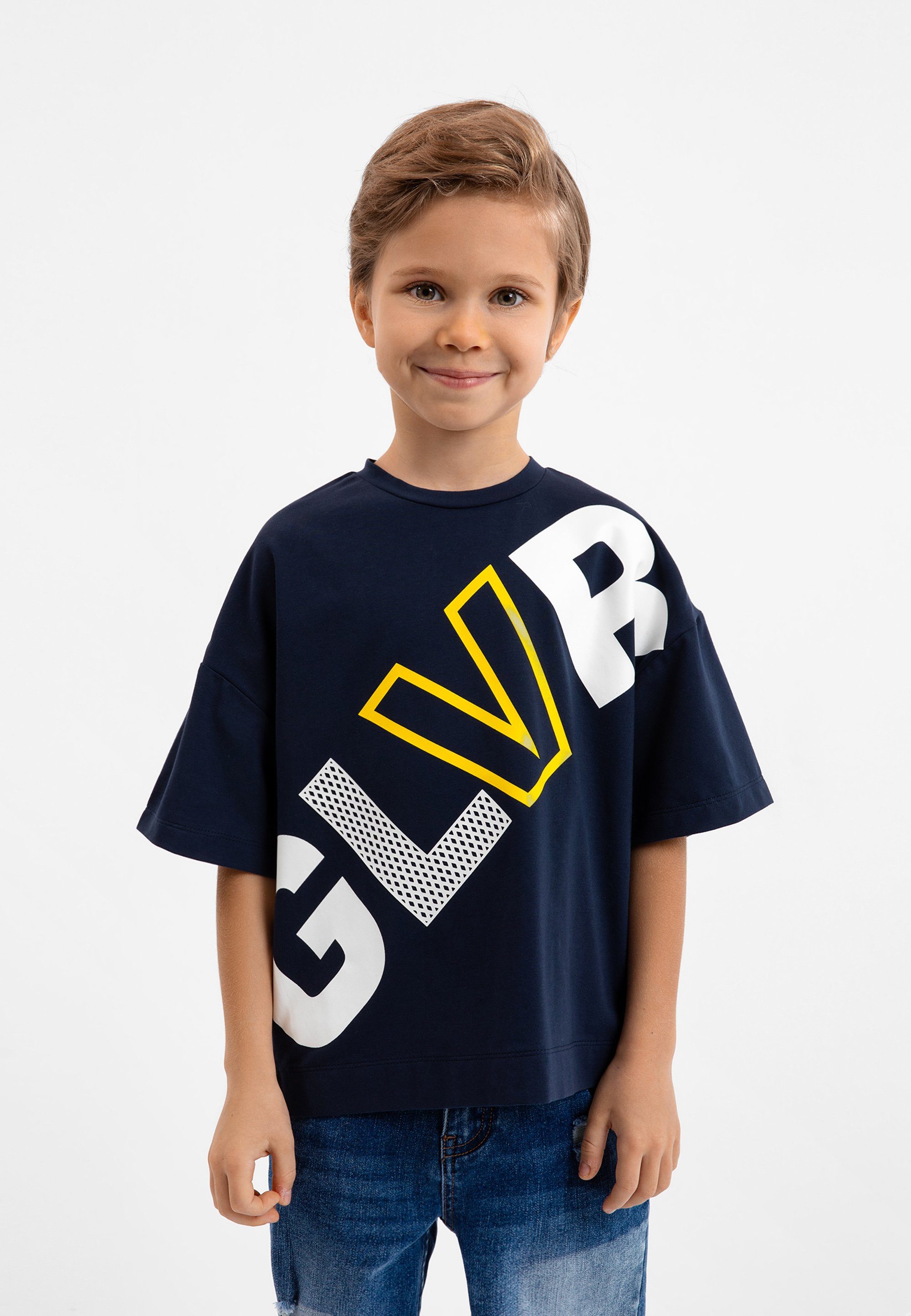 einem formstabilen Aus angenehmen T-Shirt großem gefertigt Gulliver Logodruck, und Baumwollmix mit