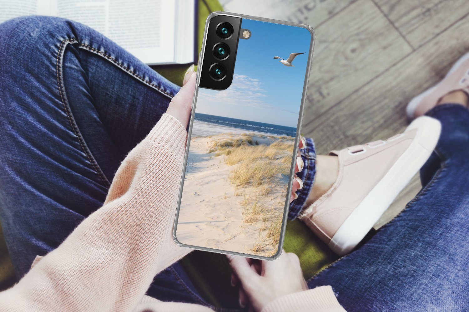 MuchoWow Handyhülle für Samsung Galaxy S22 Düne - Möwe - Strand - Meer - Sonne, Phone Case, Silikon, Schutzhülle Dünn