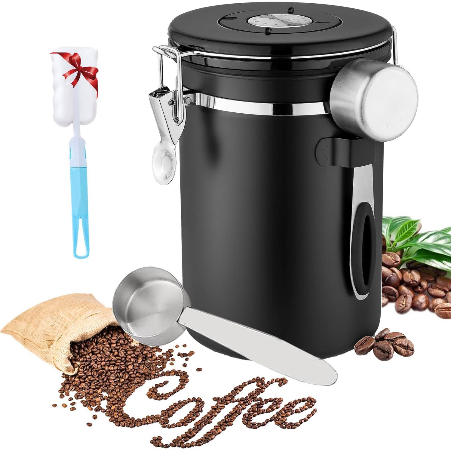 ZEUOPQ Kaffeedose Kaffeedose Luftdicht Kaffeebohnen Behälter mit Topfbürste, Messlöffel, (1.8L, aus Edelstahl 304, mit einem Einweg-CO2-Ventil, Tages-, Monats- und Datumsanzeige auf dem Deckel), für die Aufbewahrung von Kaffeebohnen und gemahlenem Kaffee usw.