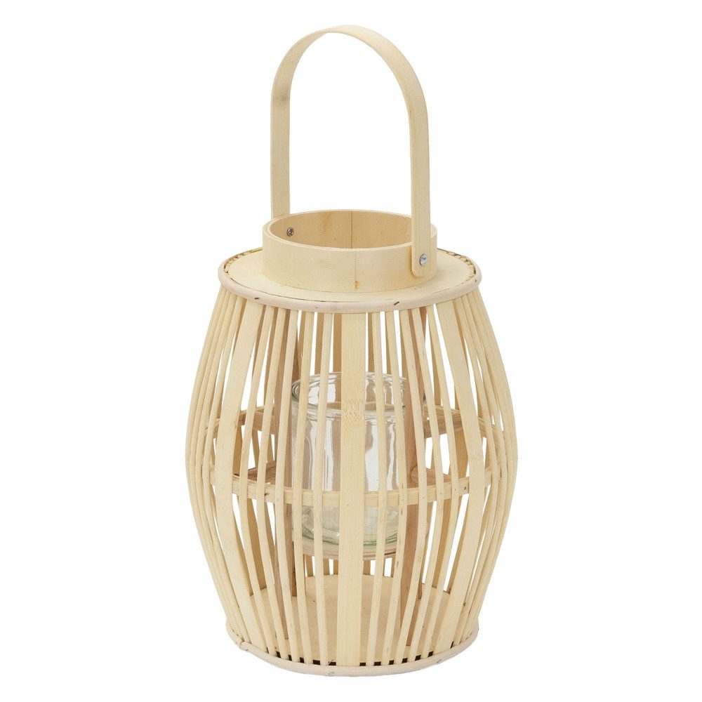 ECD Germany Kerzenlaterne Boho Bambus Laterne Windlicht Holzfarbe Gartenlaterne Kerzenhalter, Deko Laterne H:44 cm mit Henkel & Glaseinsatz für Terrasse Wohnzimmer