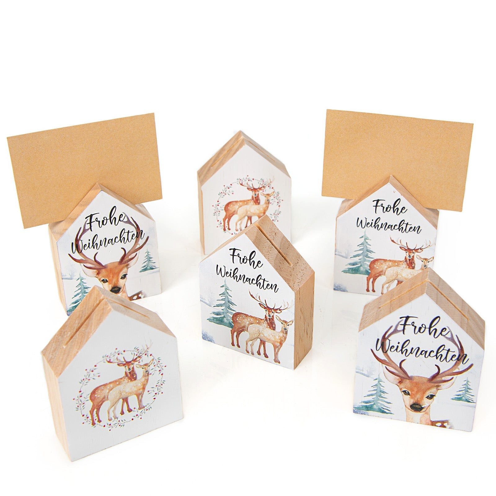 Logbuch-Verlag Klappkarte 6 Holz Häuser - Weihnachtsdeko Häuschen als Tischkartenhalter 8 cm