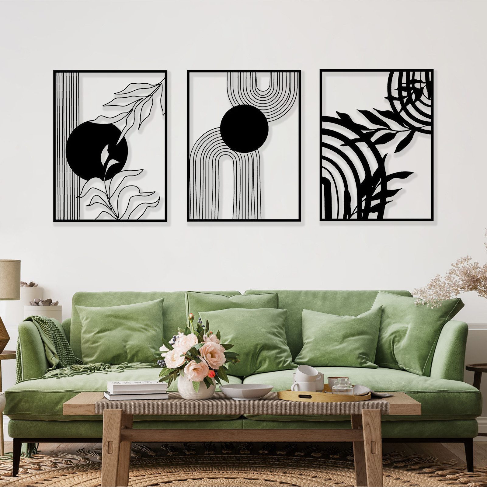 Jumpeak Wanddekoobjekt Metall Wanddeko Set 3-teilig, Modern Geometrisch-Florales Design, Stylisches Wohnaccessoire für Modernes Interieur,Geschenk zum Einzug