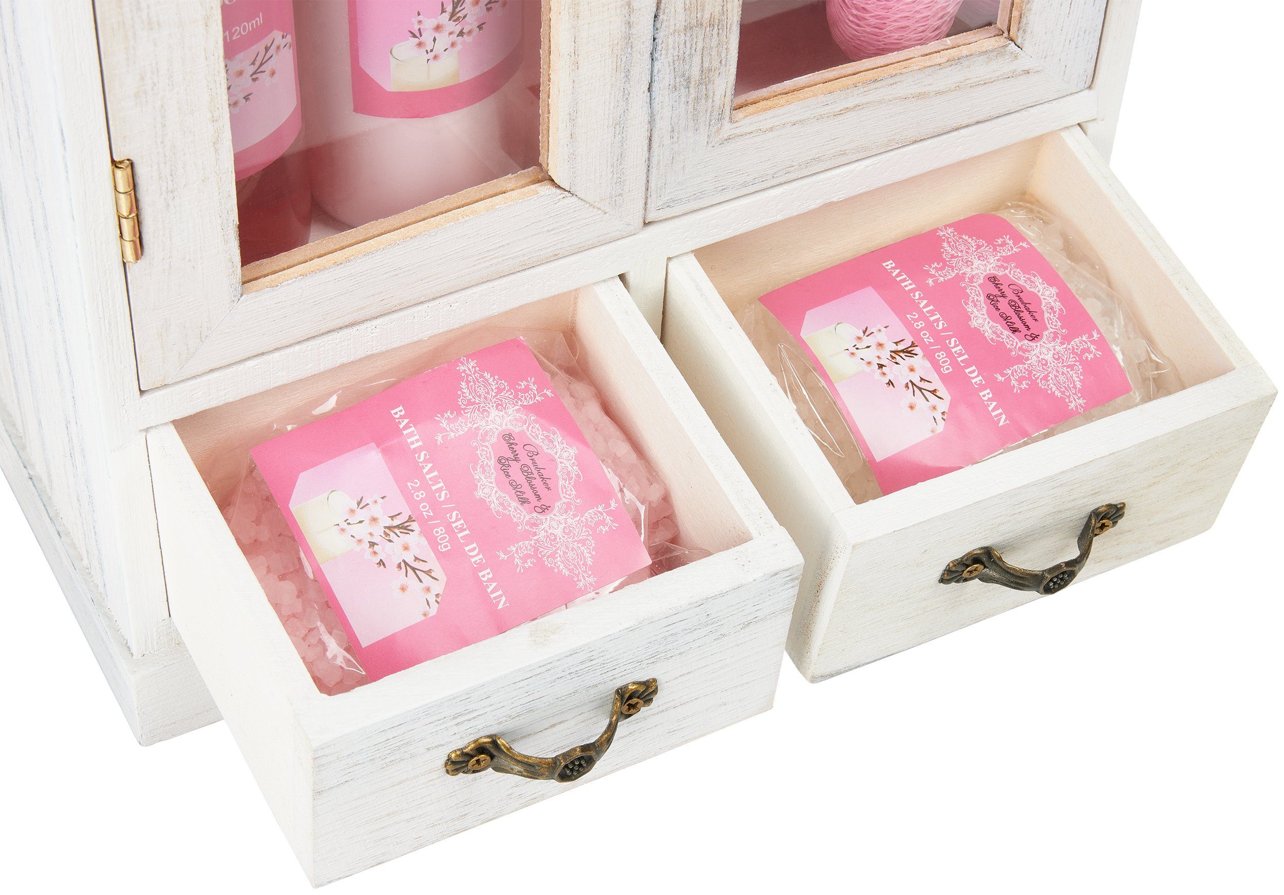 BRUBAKER Hautreinigungs-Set Bade- und Dusch Set, Badeset mit Kirsch Duft, Pflegeset, 10-tlg., Frauen Geschenkset im Vintage-Schränkchen, reinigend und pflegend
