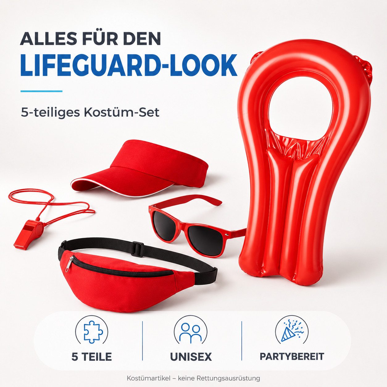 Kostümheld® Kostüm 5 in 1 Lifeguard Set Baywatch Kostüm Bademeister für Damen und Herren, unisex