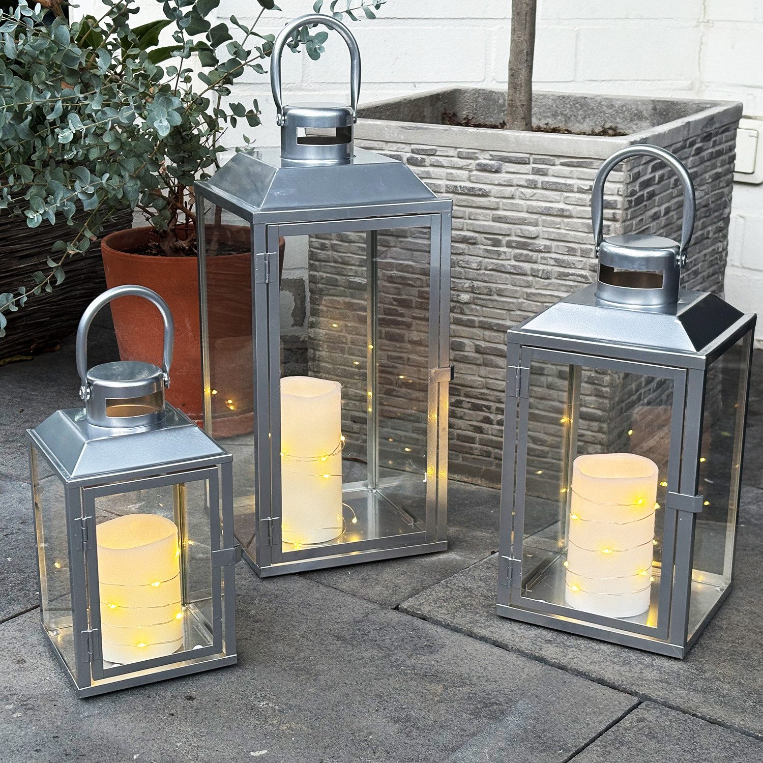 Mojawo Laterne 3er Gartenlaternen Laternen Metall Windlicht Silber H24/33/4 günstig online kaufen