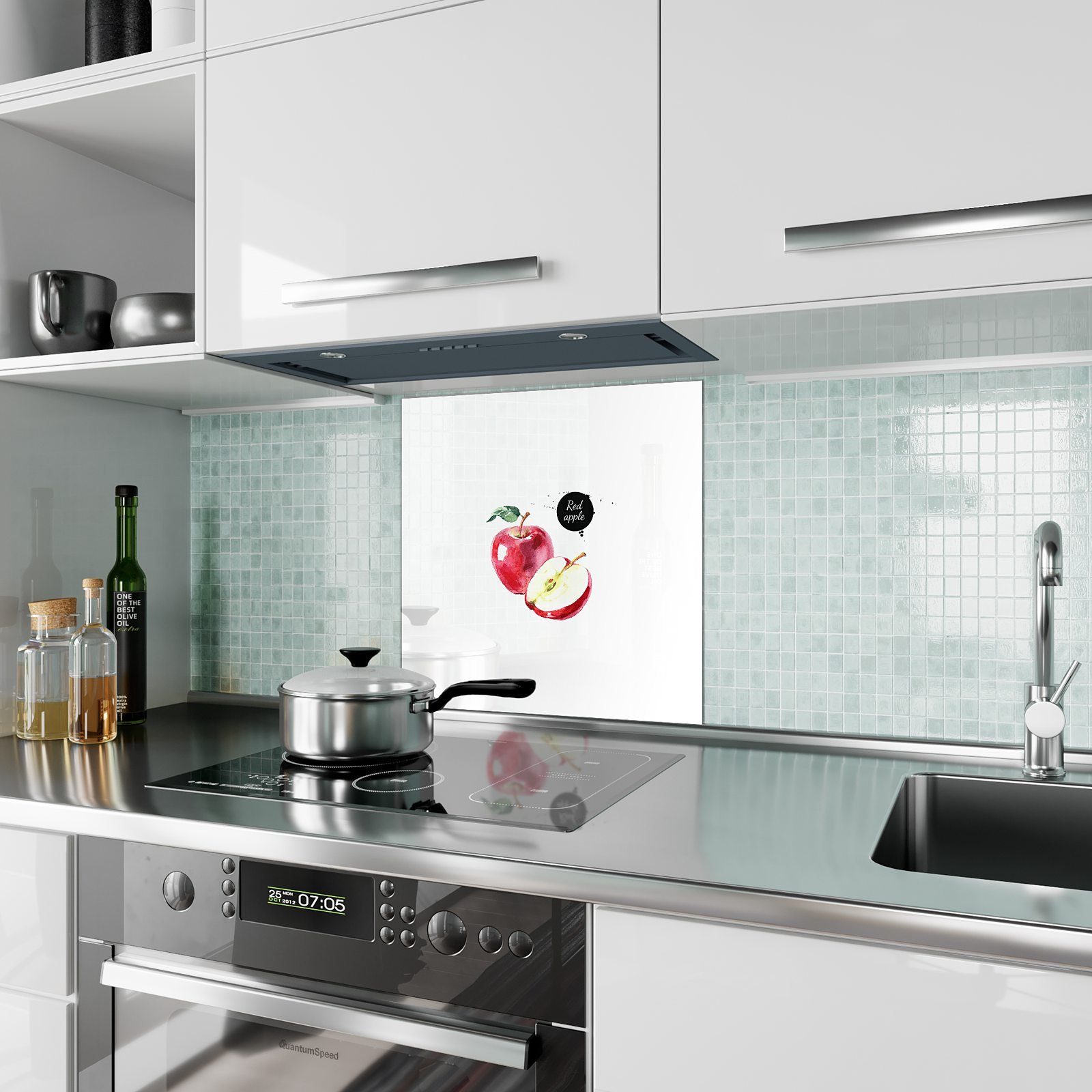 Primedeco Küchenrückwand Küchenrückwand Spritzschutz Glas Motiv Aquarell mit Apfel Hand von