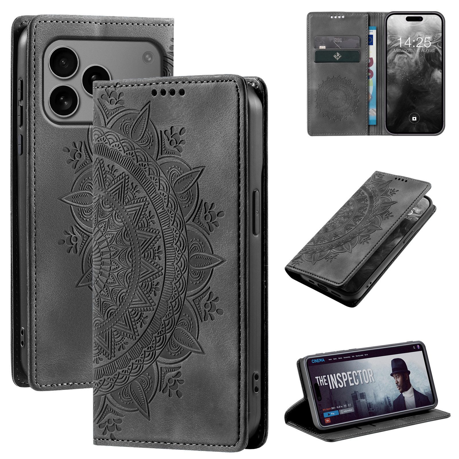 Tec-Expert Handyhülle Mandala Hülle Cover für Apple iPhone 17 Pro, Klapphülle Case Tasche mit Kartenfächern und RFID Schutz