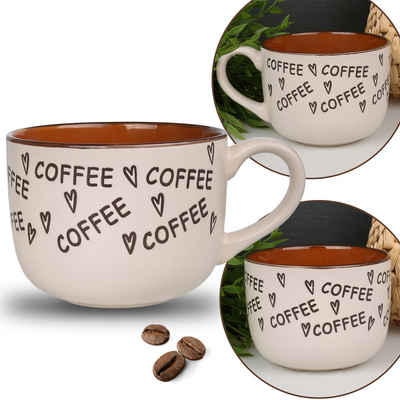 Sarcia.eu Dekobecher Beige Tasse mit Coffee-Aufschriften, Porzellanbecher 530 ml