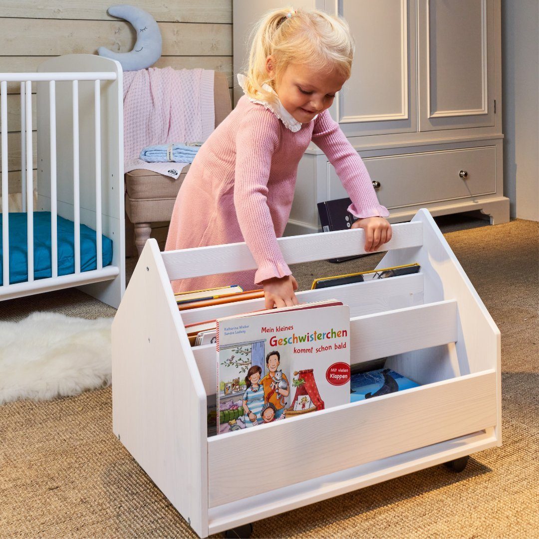 Alavya Home® Bücherregal COMET, Kinder Bücherregal I Kinderregal mit 2 Ablagen 4 Rollen 1-tlg., Aufbewahrungsregal für Bücher in Kinder-Spielzimmer aus Kieferholz