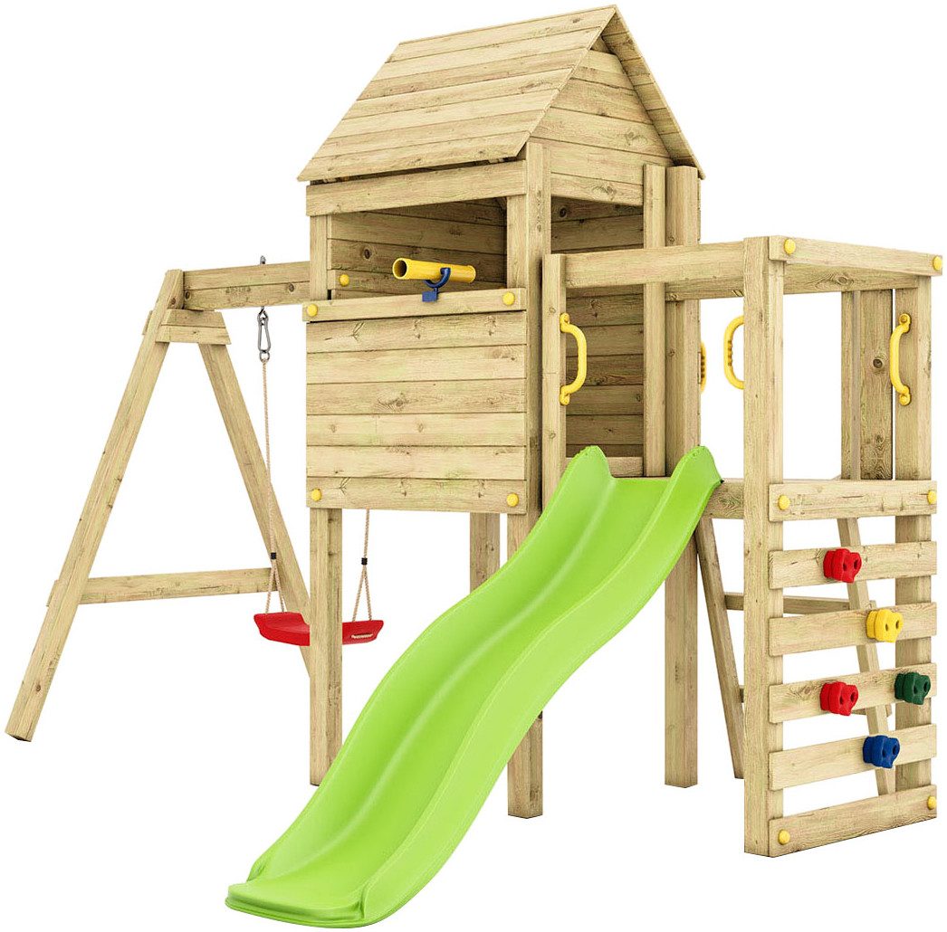 FUNGOO Spielturm LUOMI, mit Haus, Kletterwand, Rutsche und Schaukel fur Kinder