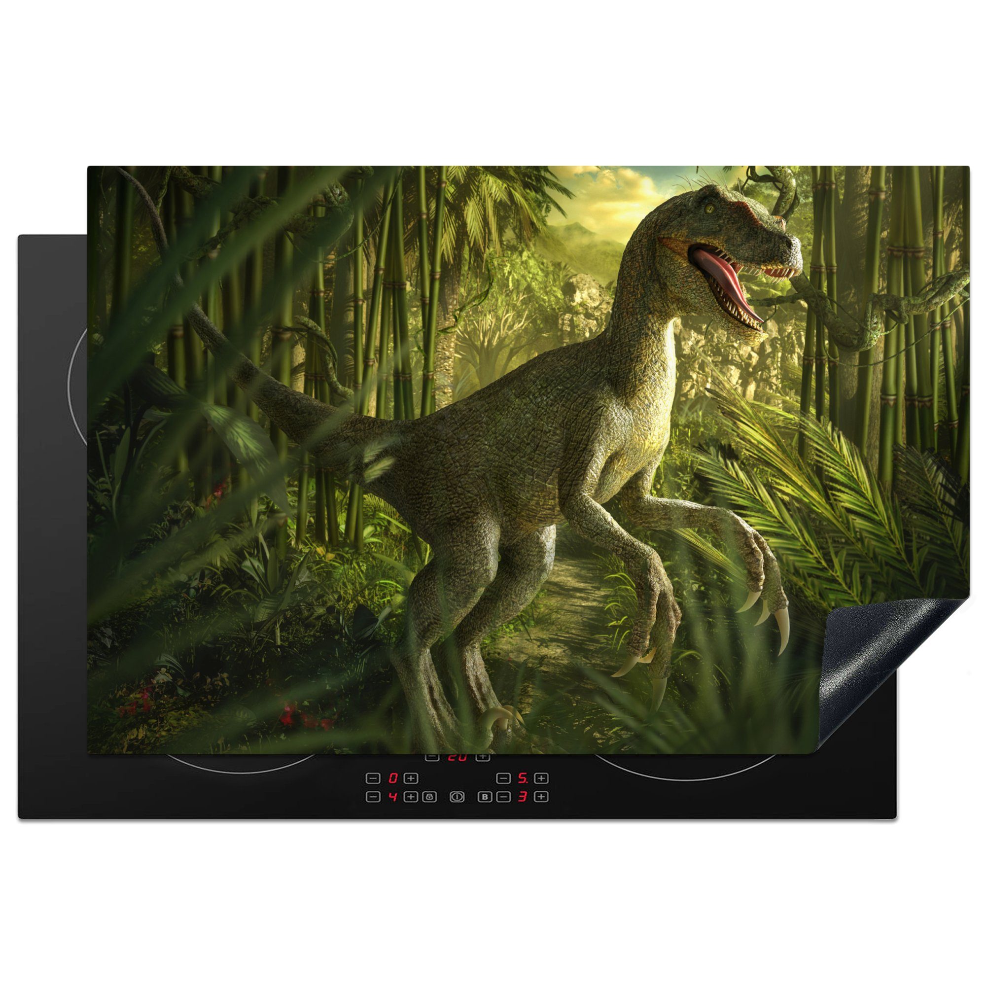 MuchoWow Herdblende-/Abdeckplatte Dinosaurier - Pflanzen Jungen, 77x51 Illustration küche - - - (1 für Vinyl, Ceranfeldabdeckung, - cm, Kinder tlg), Arbeitsplatte Grün