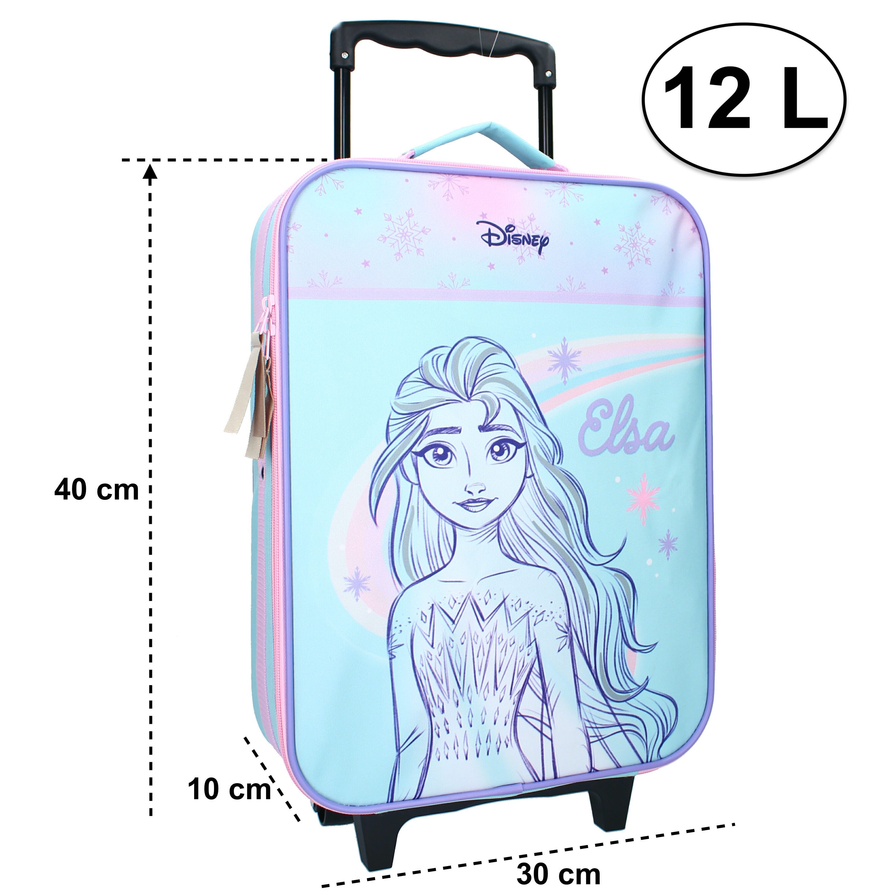 Disney Frozen Kinderkoffer Eiskönigin Elsa Trolley Koffer Kindertrolley Trolly Kinder Mädchen, 2 Rollen, Innenmaß: 40x30x10cm (12 Liter), Gesamtmaße: 47x31x13cm (Griff: 76cm)