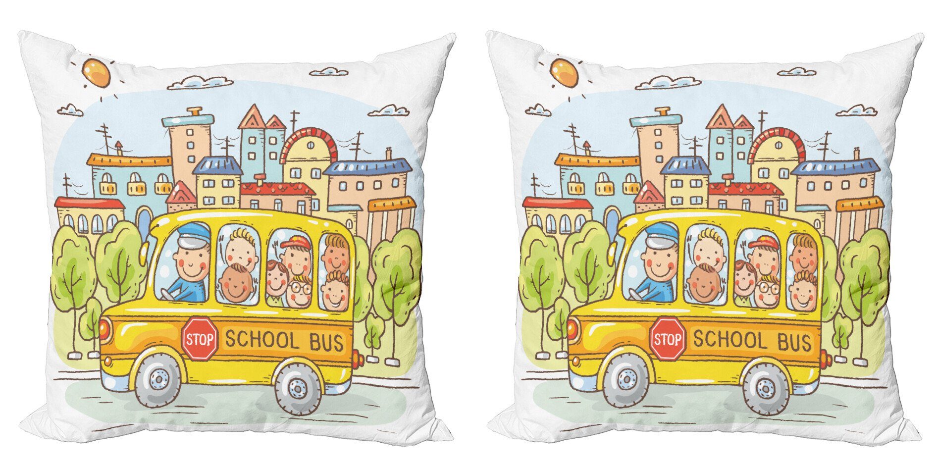 Kissenbezüge Modern Accent Doppelseitiger Digitaldruck, Abakuhaus (2 Stück), Schulbus Bus gefüllt mit Kleinkindern