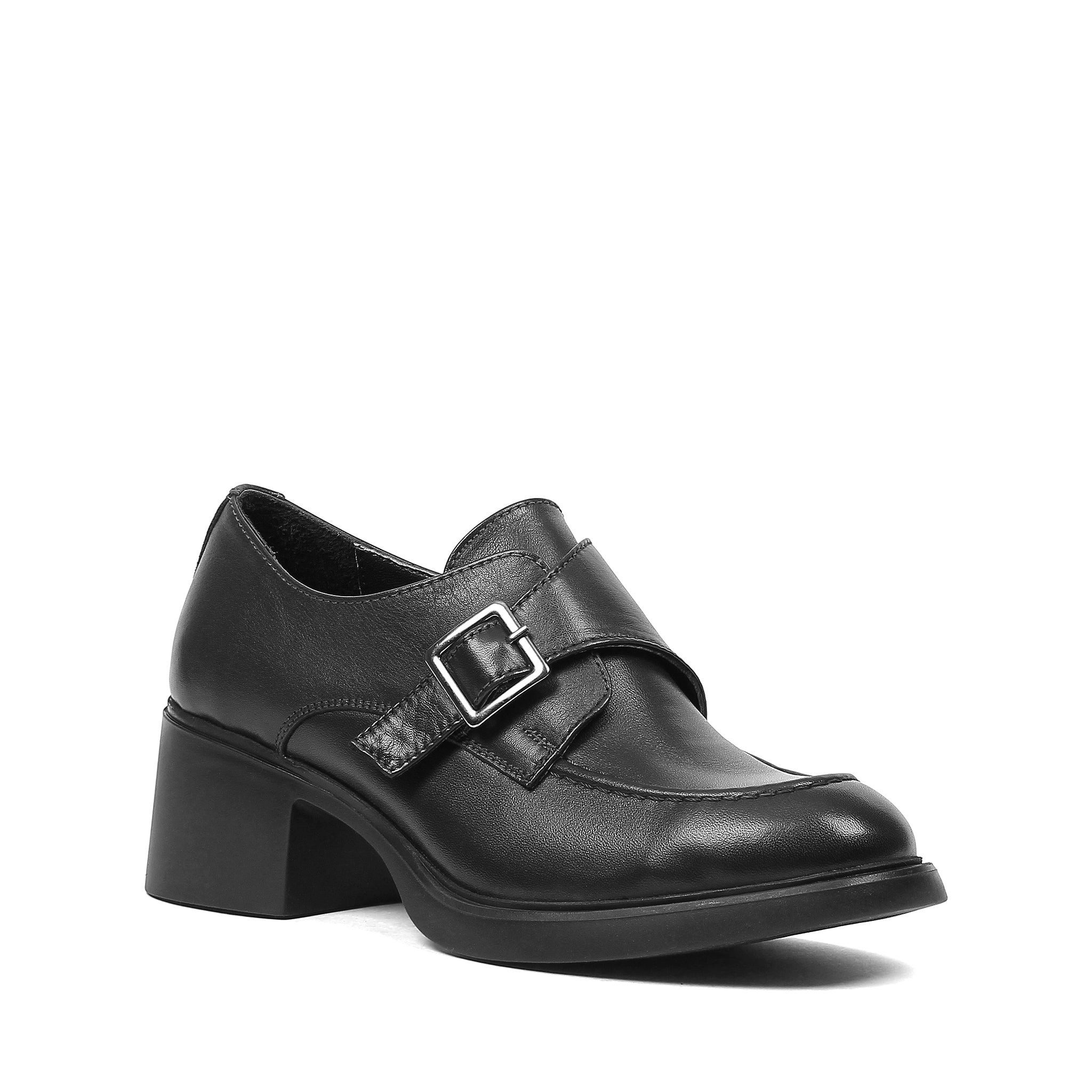 Celal Gültekin Schnallenriemen Blockabsatz Rundspitze Damen Hochfrontpumps Leder, 6 cm Blockabsatz, Schwarz, 38