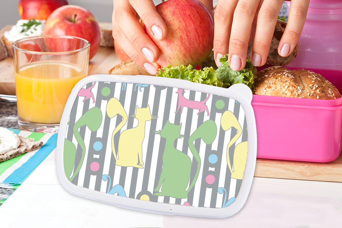MuchoWow Lunchbox Katzen - rosa - Kunststoff (2-tlg), für Kunststoff, Kinder, Snackbox, Pastell Erwachsene, Brotdose Tiere, Brotbox Mädchen