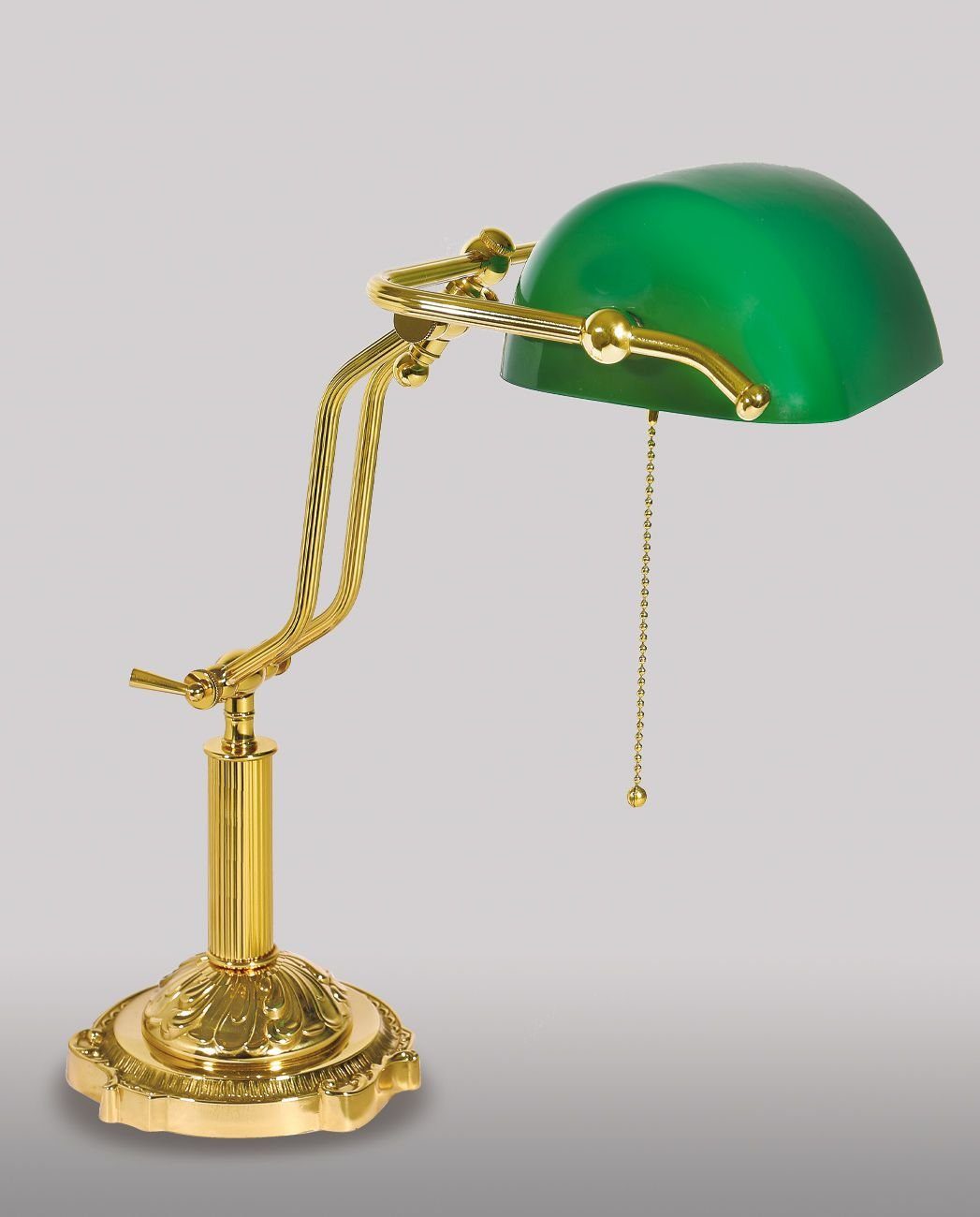 Licht-Erlebnisse Schreibtischlampe MINISTERO, ohne Leuchtmittel, Bankerlampe Grün aus Messing massiv Glas mit Zugschalter
