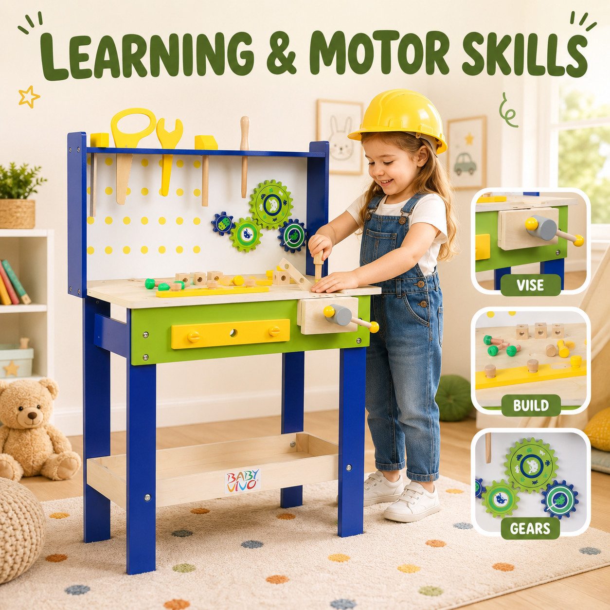 Baby Vivo Spielwerkbank aus Holz - Luigi drehbare Zahnräder 29 Teile Zubehör