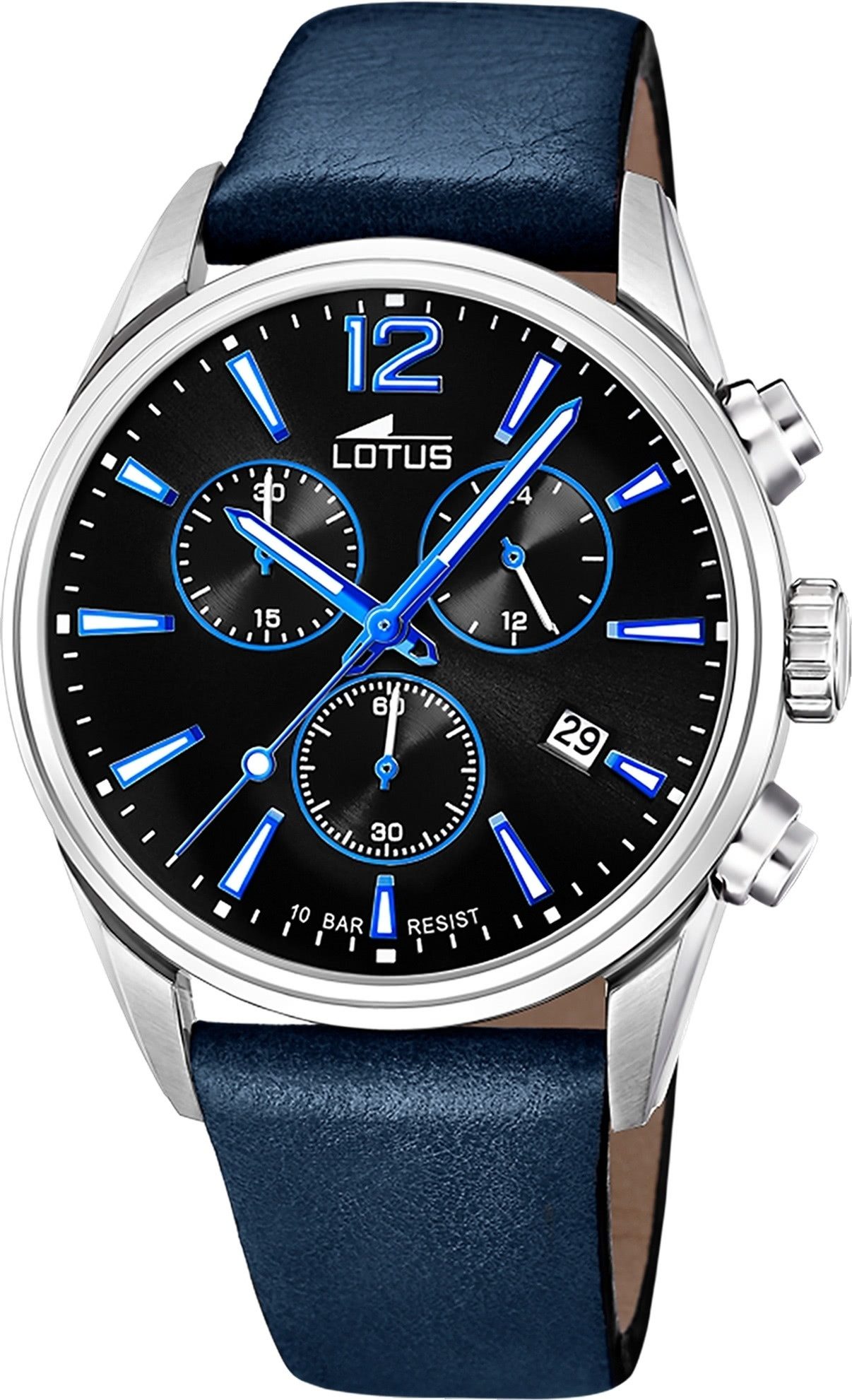 Lotus Chronograph Lotus Herrenuhr Leder blau Lotus Classic, (Chronograph), Herren Armbanduhr rund, groß (ca. 42mm), Edelstahl
