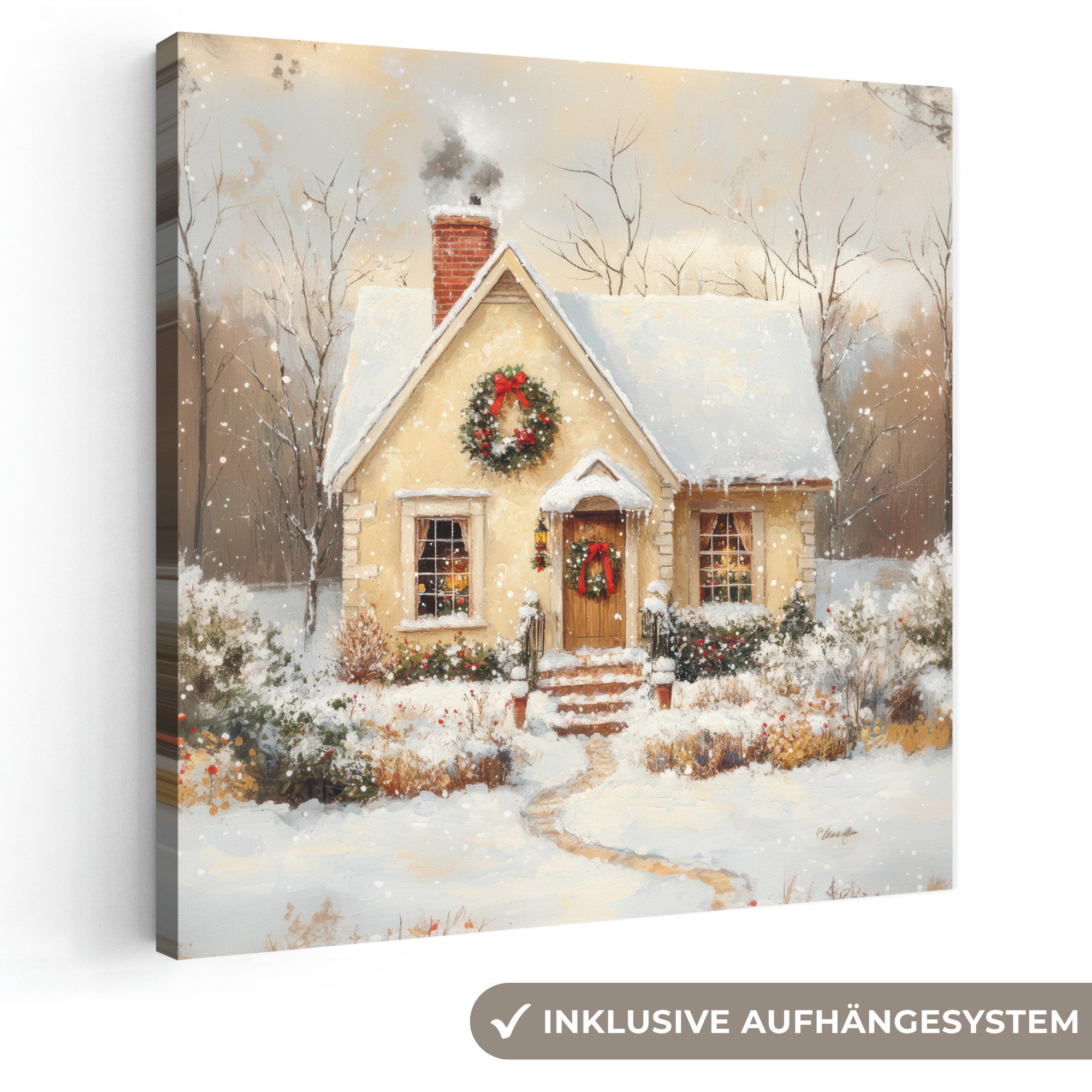 OneMillionCanvasses® Leinwandbild Weihnachten - Zuhause - Winter - Schnee, Fotodruck (1 St), Wandbild, Deko Schlafzimmer Wohnzimmer Flur 20x20 cm