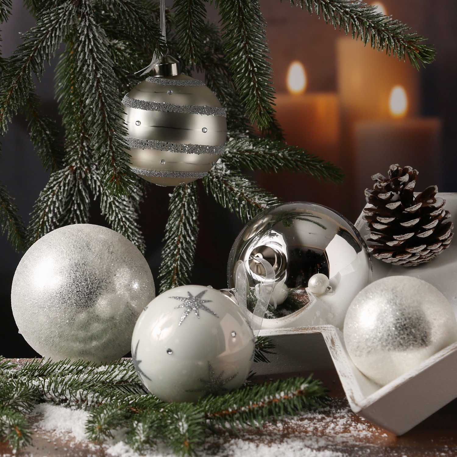 MARELIDA Weihnachtsbaumkugel Christbaumkugel Weihnachtskugel Glas 3 Größen Set St) weiß silber (12 12er