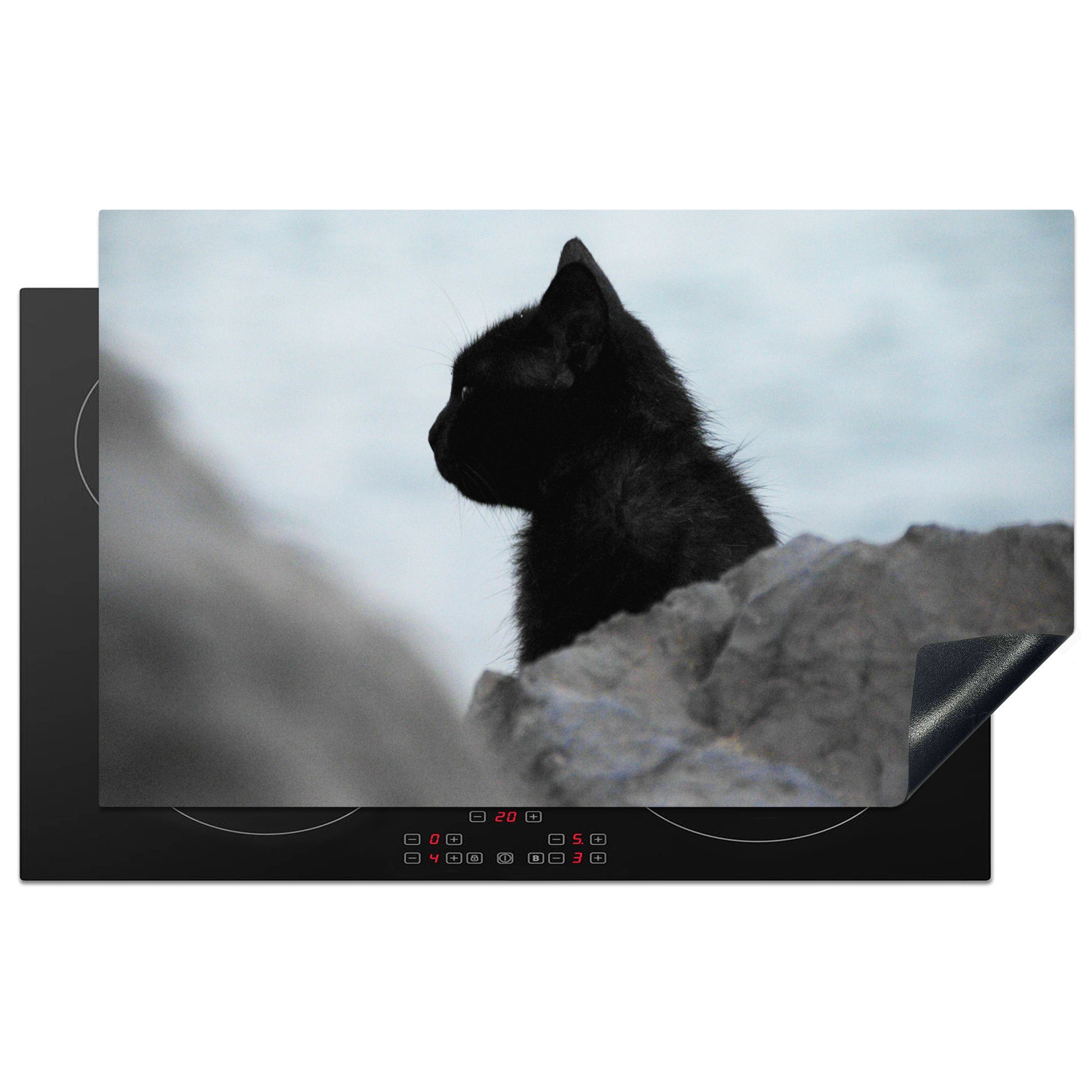 Katze (1 Herdblende-/Abdeckplatte für Arbeitsplatte Stein Ceranfeldabdeckung, küche - 83x51 Vinyl, Schwarz, cm, tlg), - MuchoWow