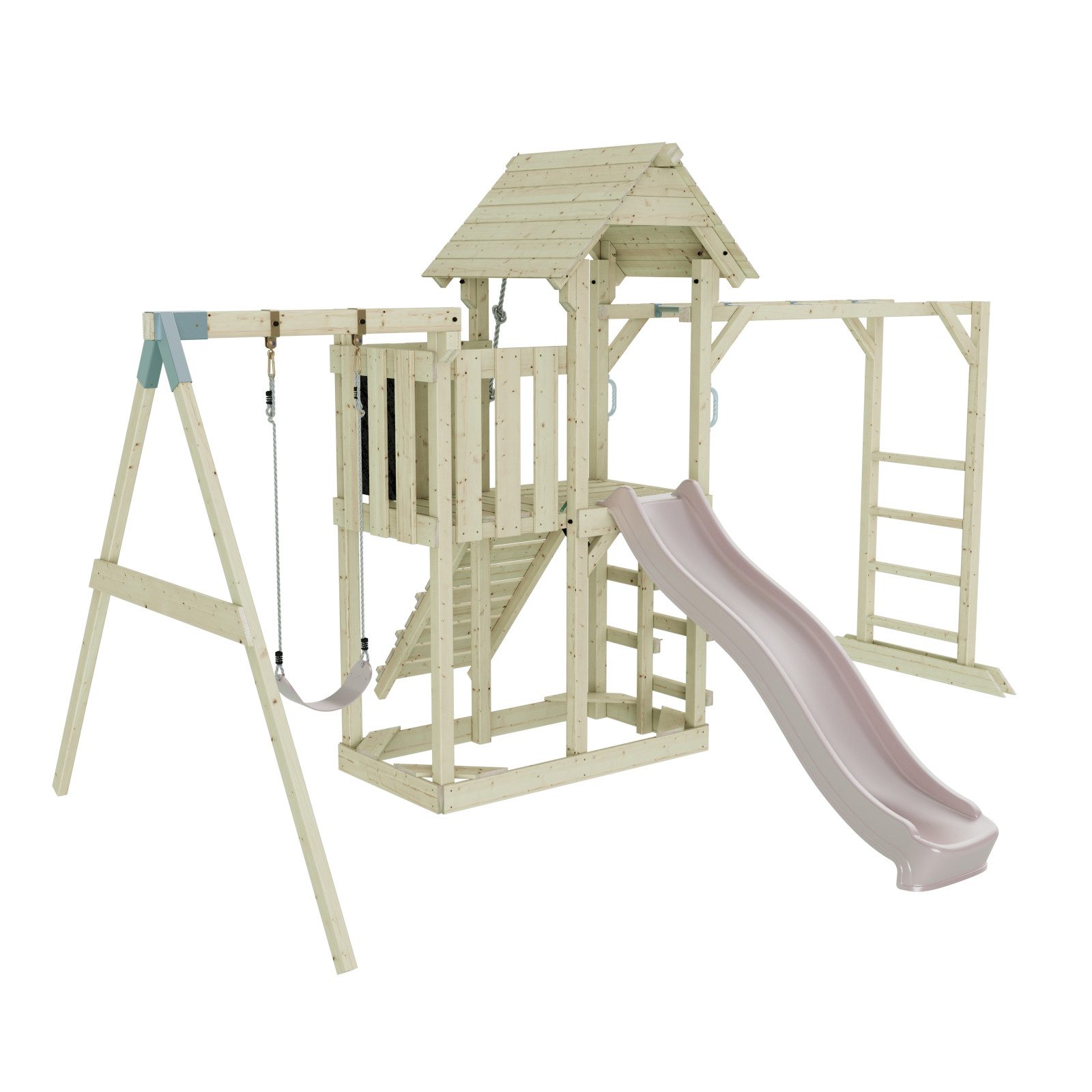 OutdoorToys Spielturm Strömsund aus Holz in Altrosa mit Kinderschaukel & Rutsche, aus Holz in Altrosa mit Kinderschaukel & Rutsche